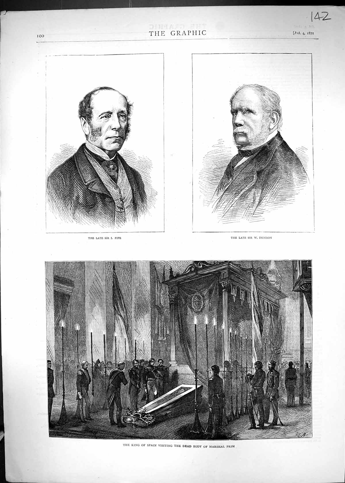 Antique Print 1871 King Spain Dead Body Marshal Prim Fife Denison Portrait 19th