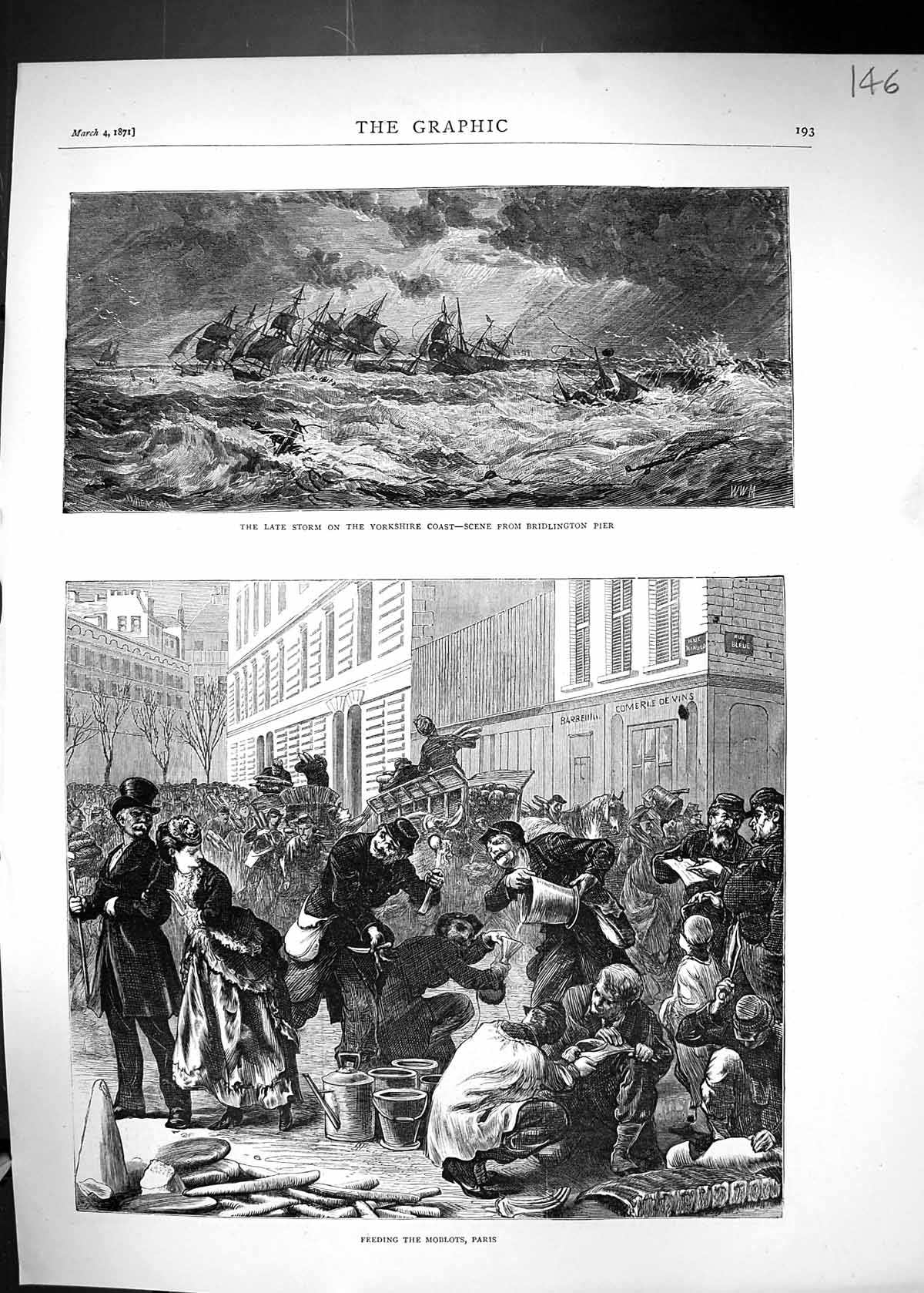 Old 1871 Storm Yorkshire Ships Bridlington Pier Feeding Moblots Paris Victorian
