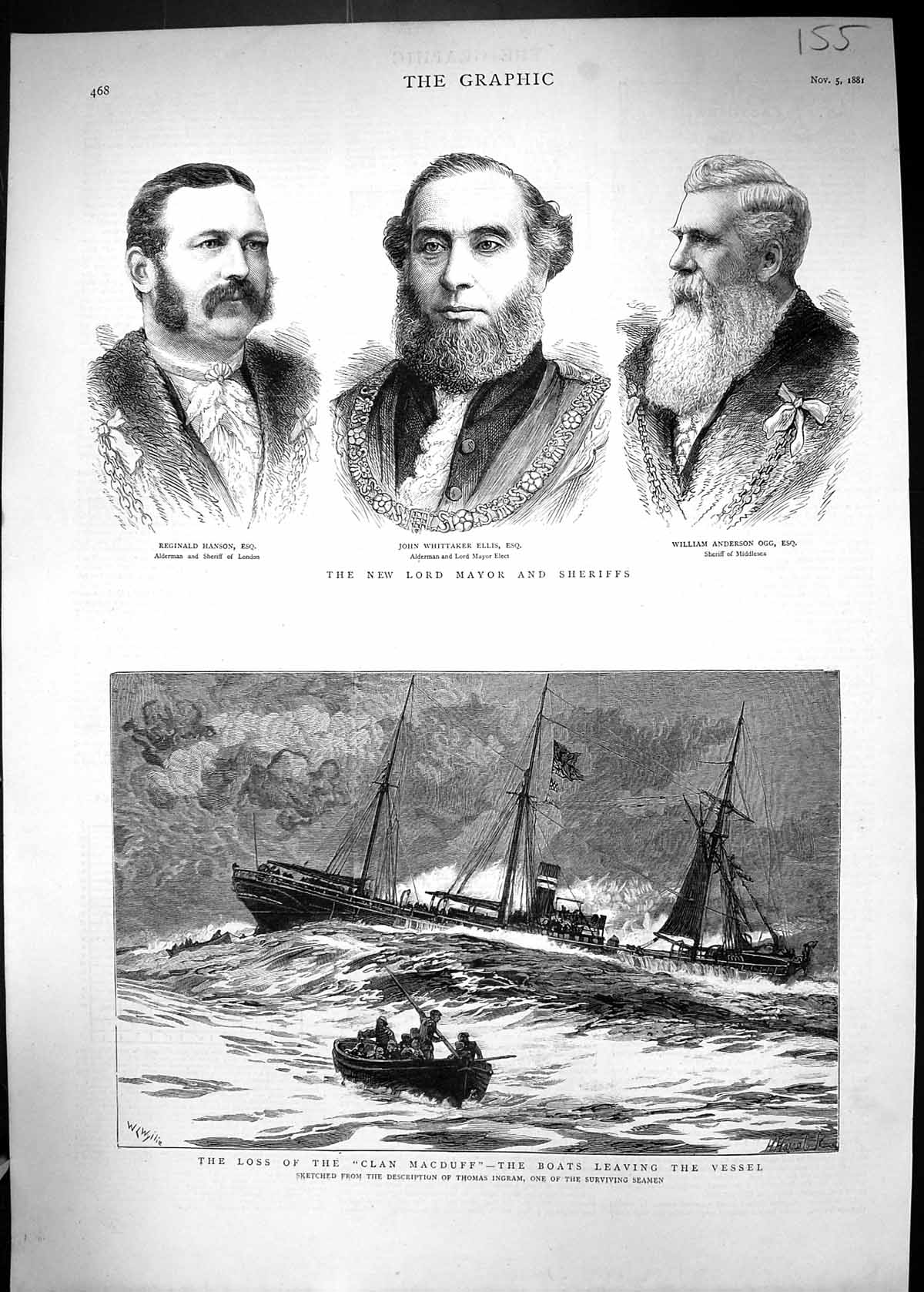 Old 1881 Loss Ship Clan Macduff Lord Mayor Sheriffs Hanson Whittaker Victorian