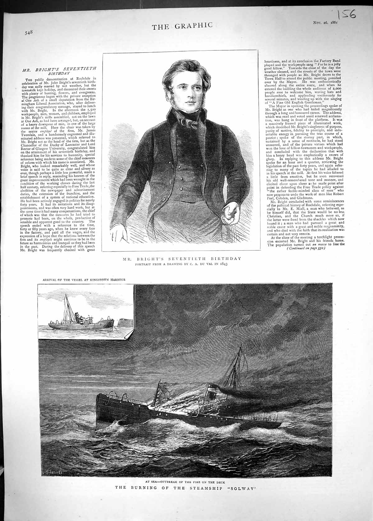 Antique Old Print 1881 Mr Bright Burning Steam Ship Solway Kingstown Harbour
