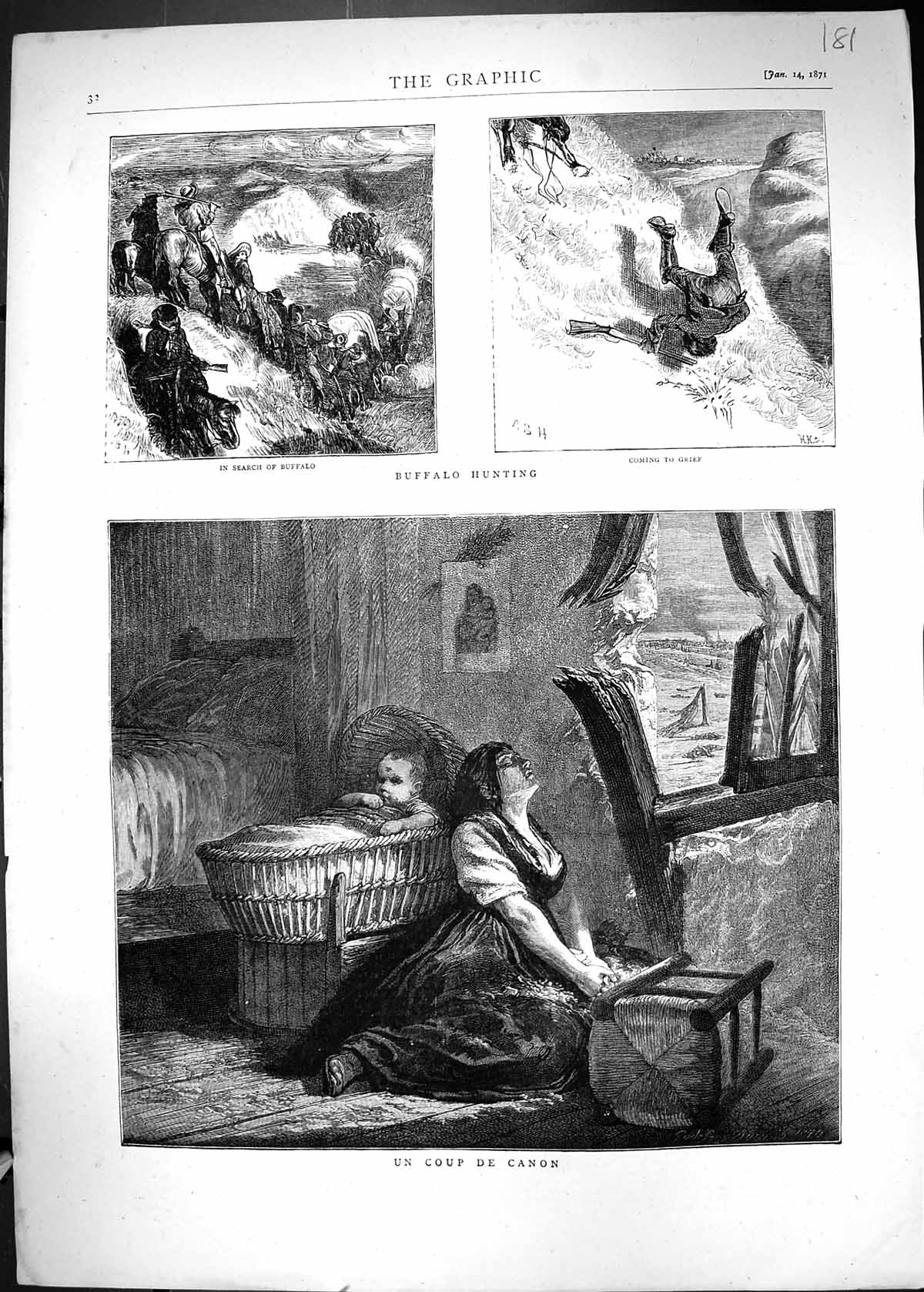 Old 1871 Un Coup De Canon Mother Baby Buffalo Hunting Sport Huntsmen Victorian