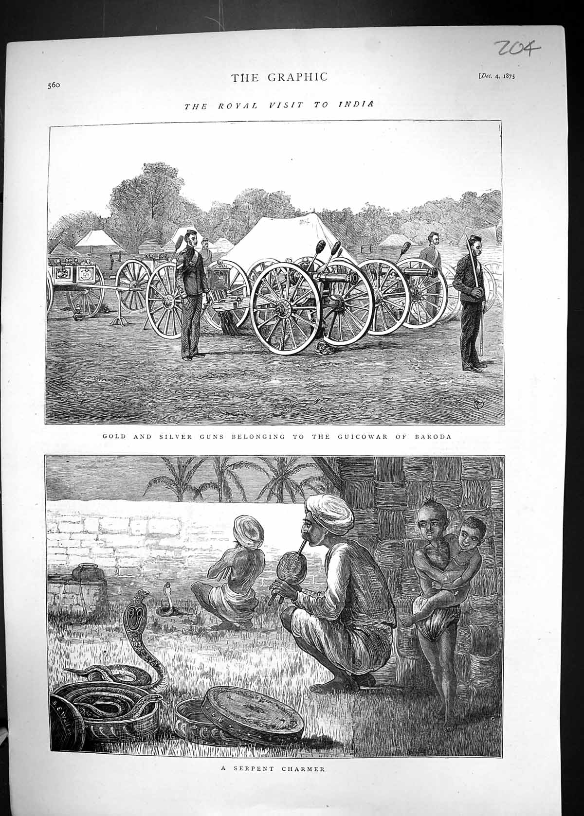 Antique Print 1875 Royal Visit India GSilver Guns Guicowar Baroda Serpent S