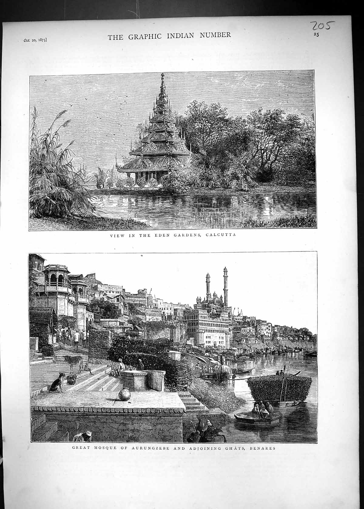 Old 1875 View Eden Gardens Calcutta Great Mosque Aurungzebe Ghats Ben Victorian