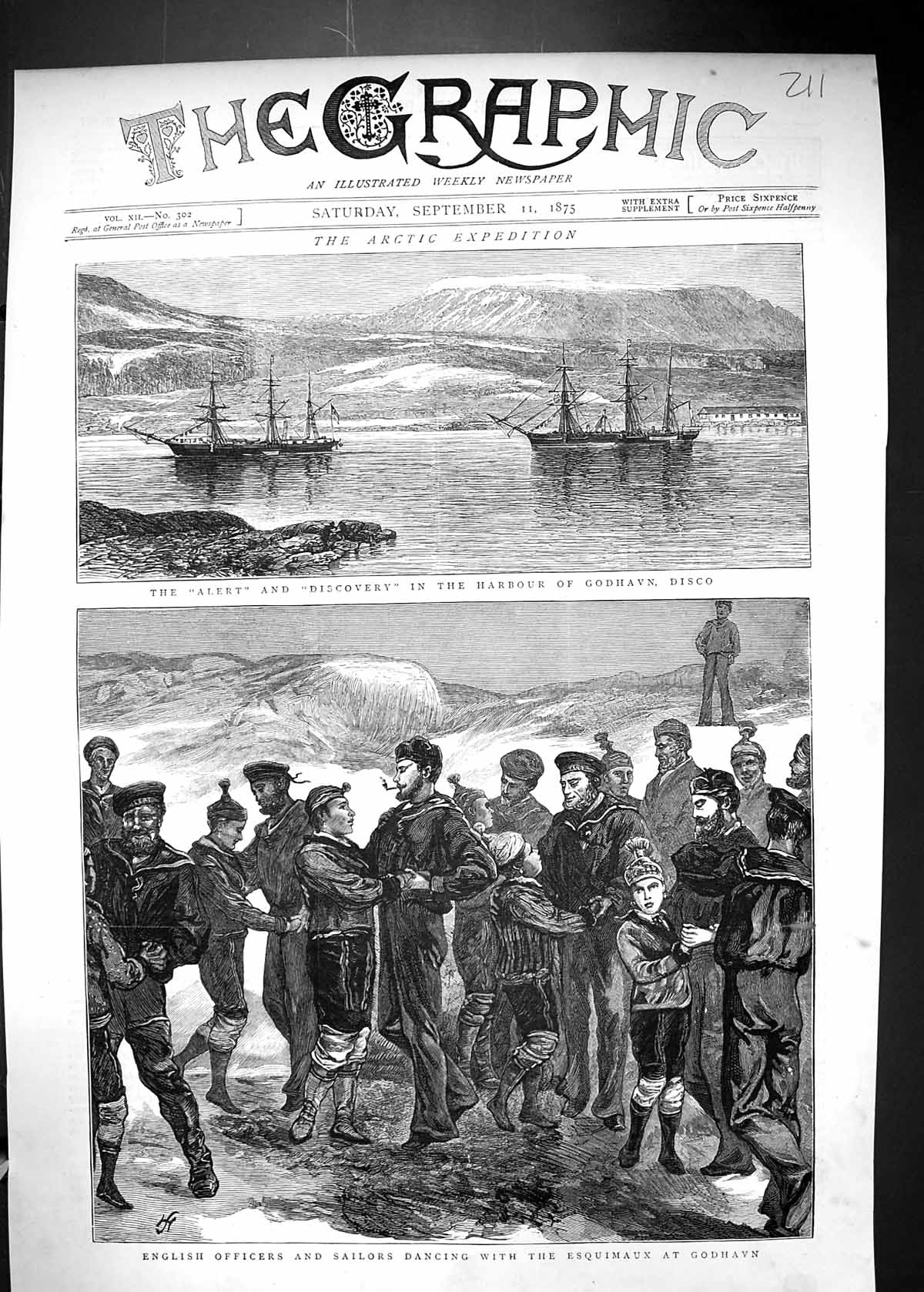Old 1875 English Officers Sailors Dancing Esquimaux Godhavn Alert Dis Victorian