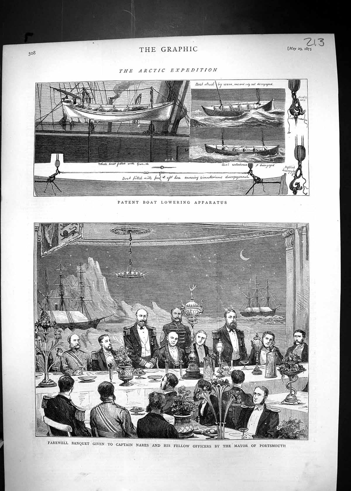 Old 1875 Patent Boat Lowering Apparatus Arctic Captain Nares Mayor Po Victorian