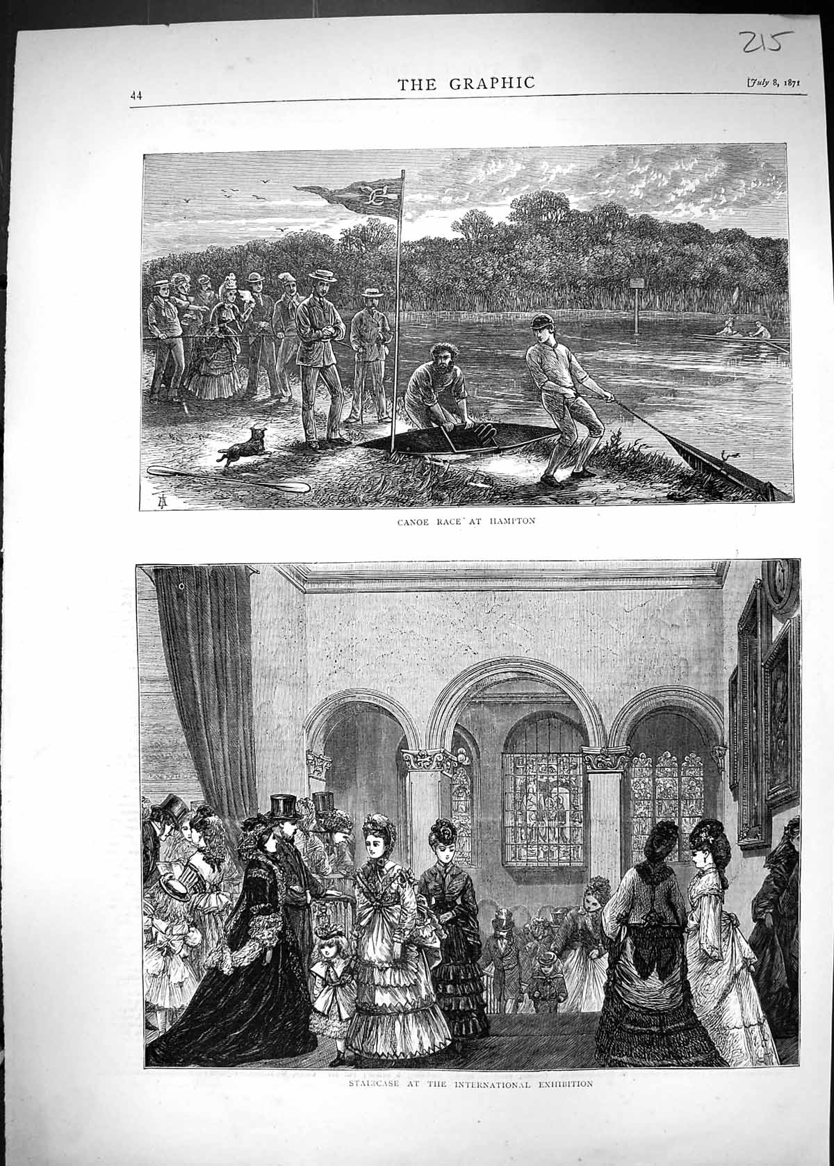 Antique Old Print 1871 Canoe Race Hampton Staircase International Exhibition