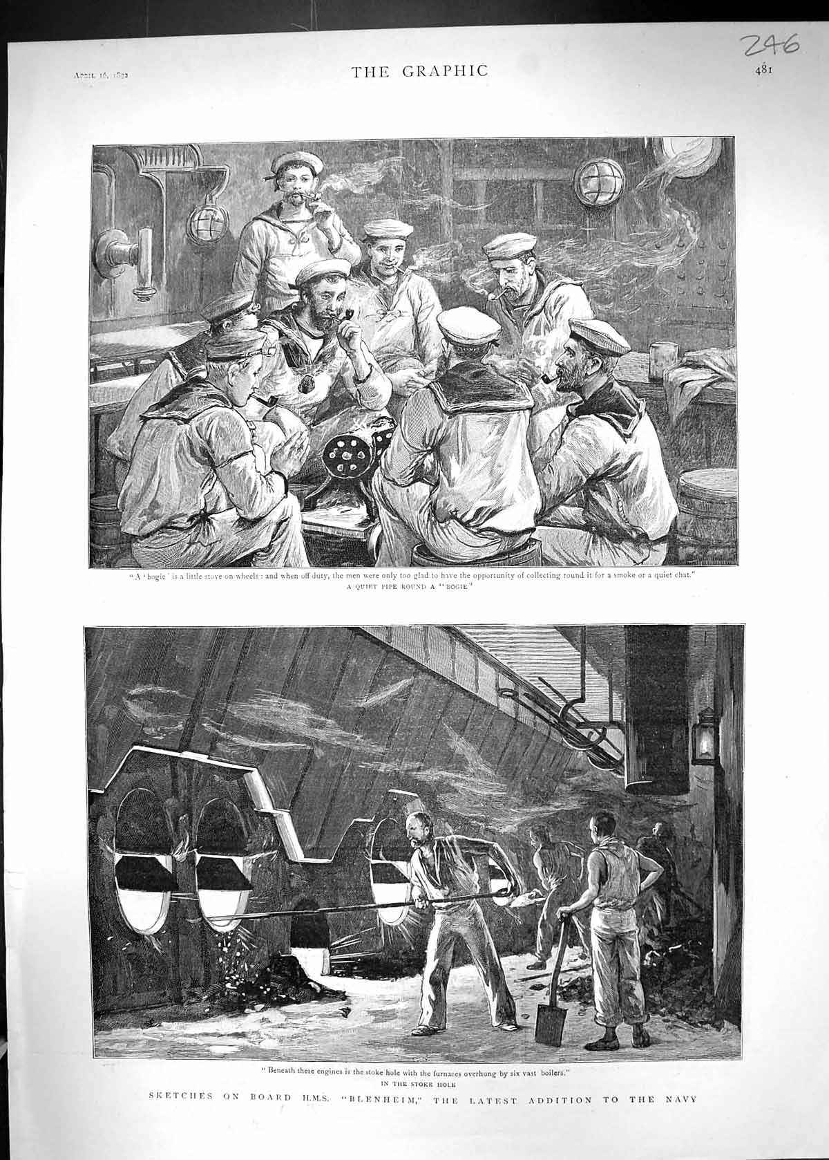 Old 1892 Scene Board Ship H.M.S. Blenheim Navy Furnace Sailors Pipe B Victorian