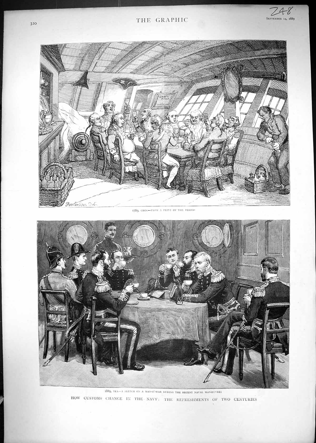 Old Antique Print 1889 War Navy Sailors Grog Man-Of-War Ship Refreshments 19th