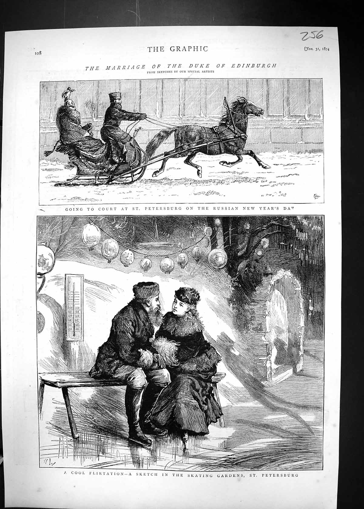 Old 1874 Ice Skating Gardens St. Petersburg Romance Horse Sledge Russ Victorian