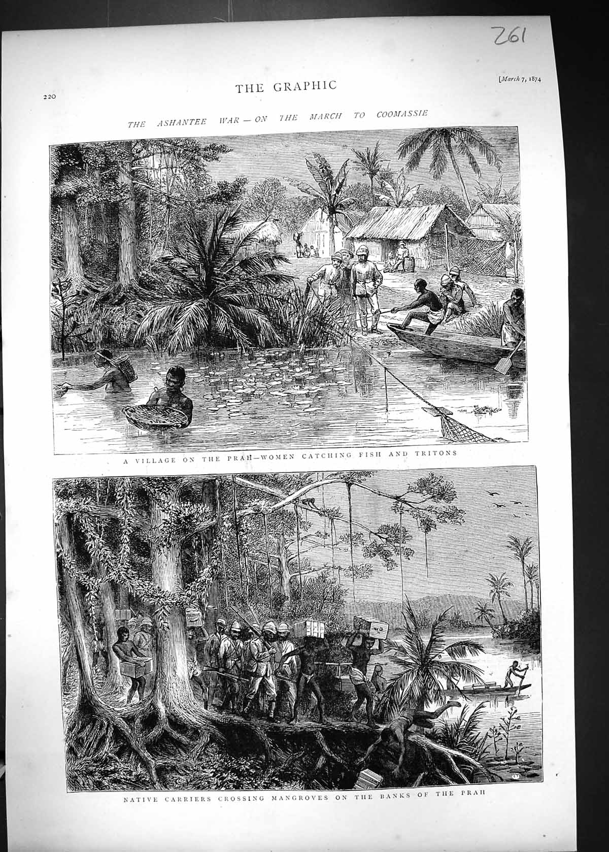 Old 1874 Ashantee War Village Prah Women Fishing Tritons Carriers Man Victorian
