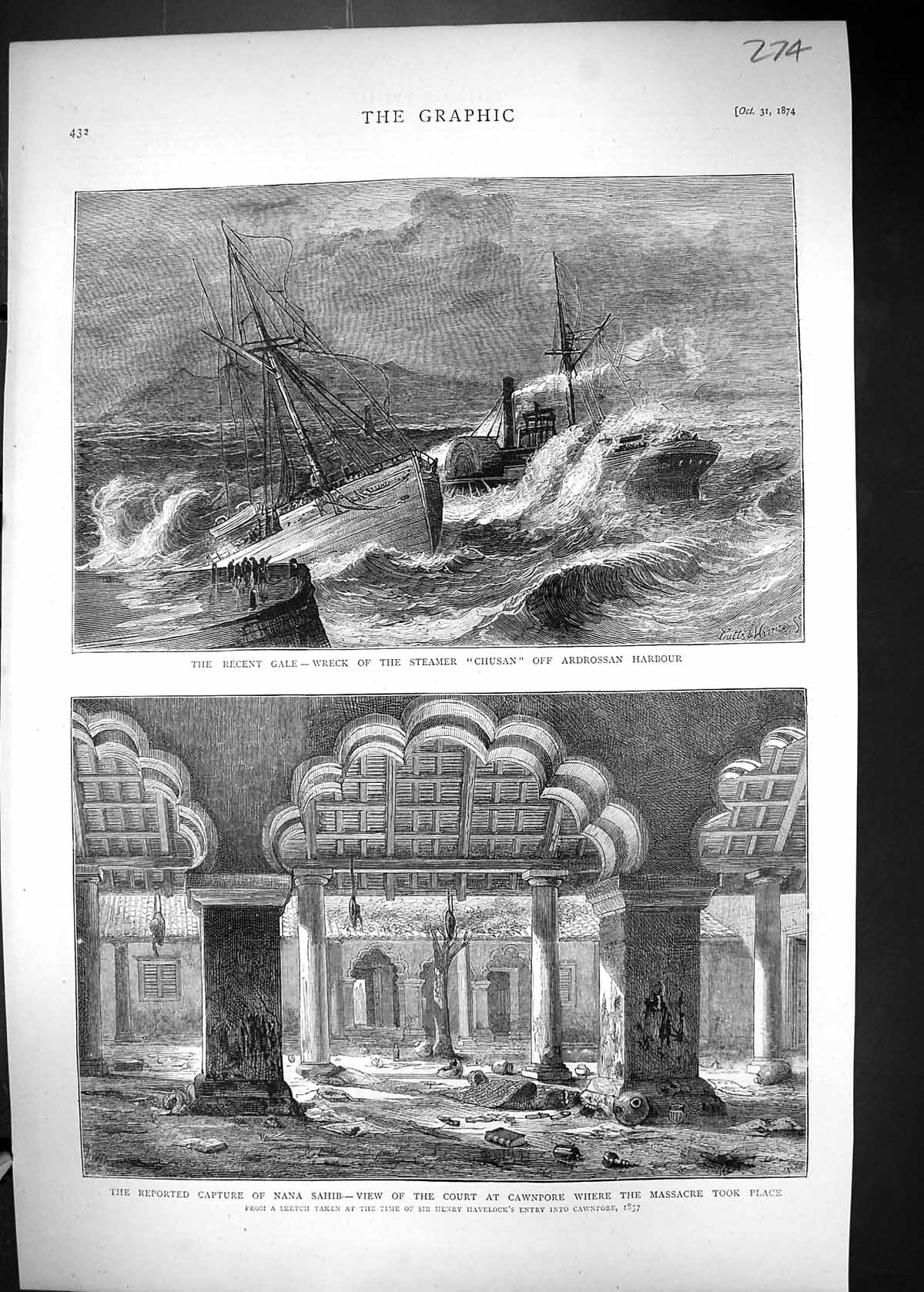 Old 1874 Ship Wreck Steamer Chusan Ardrossan Harbour Capture Nana Sah Victorian
