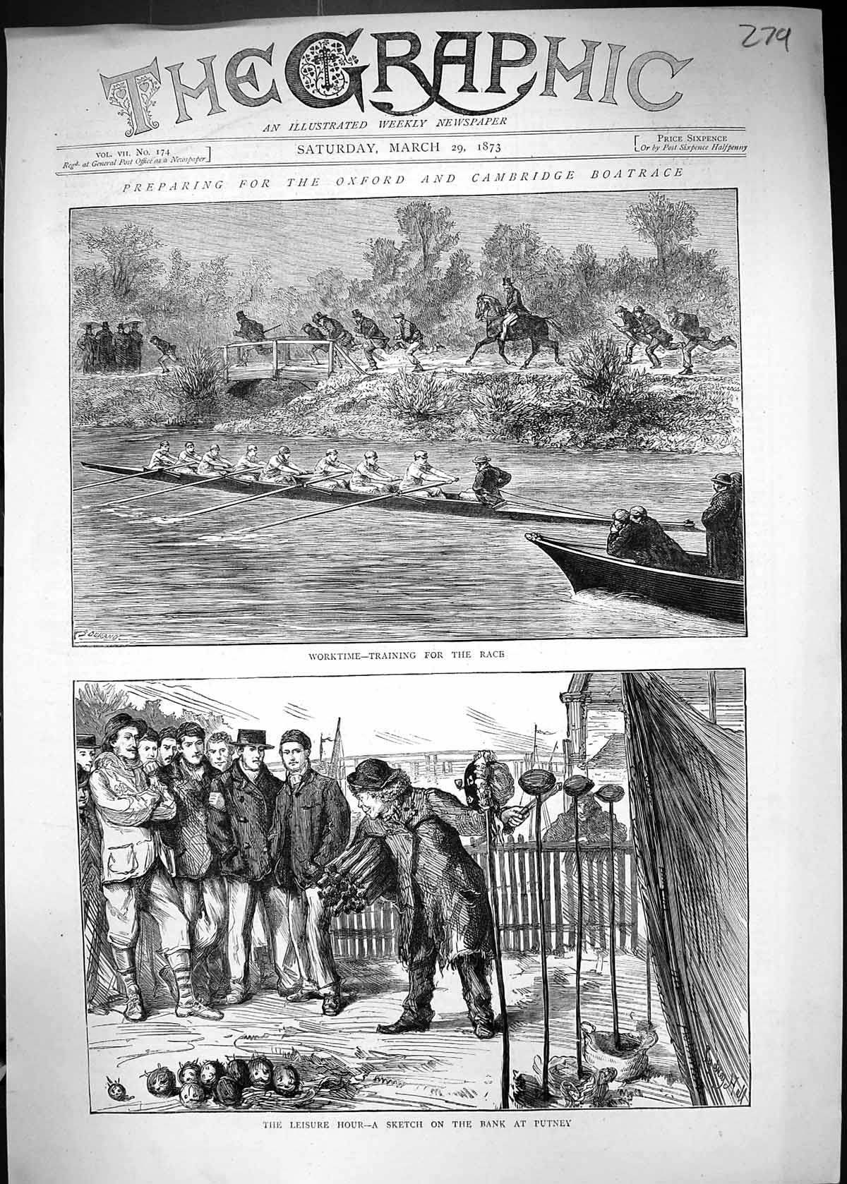 Old 1873 Oxford Cambridge Boat Race Training Leisure Hour Bank Putney Victorian