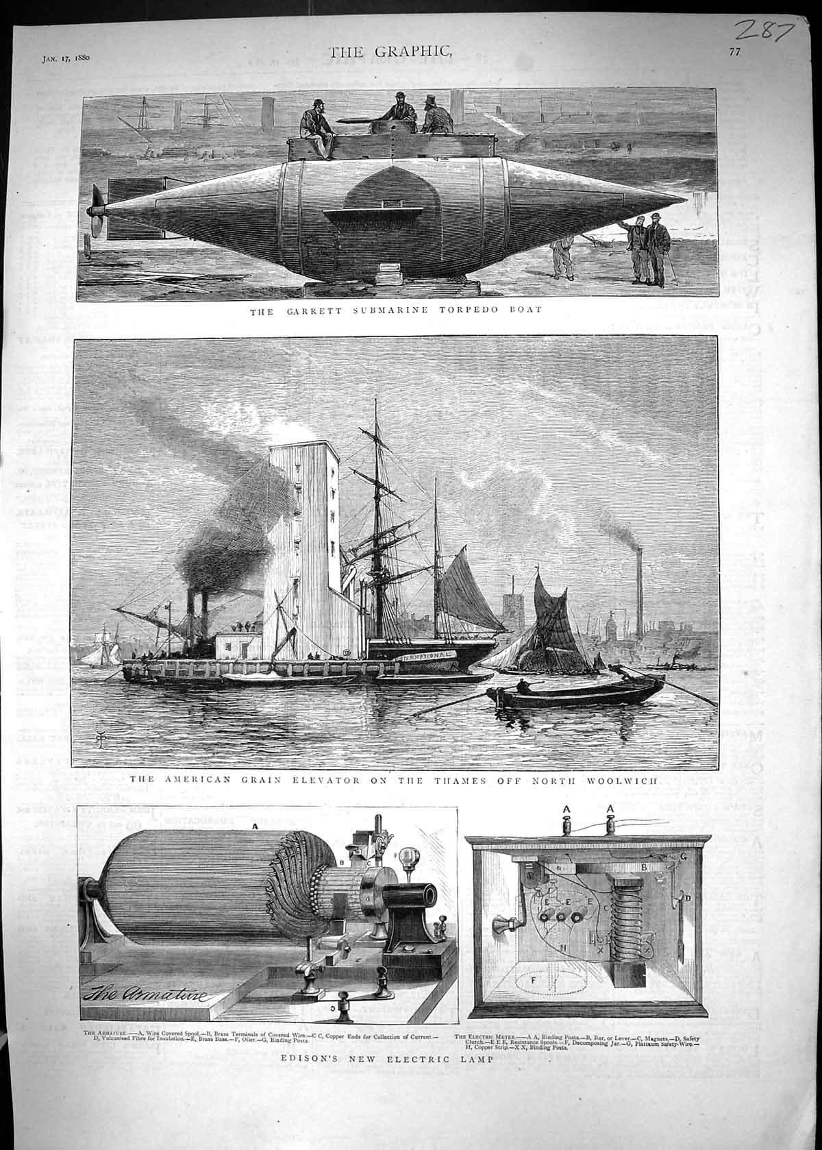 Old 1880 Garrett Submarine Torpedo Boat Edison Electric Lamp Grain El Victorian