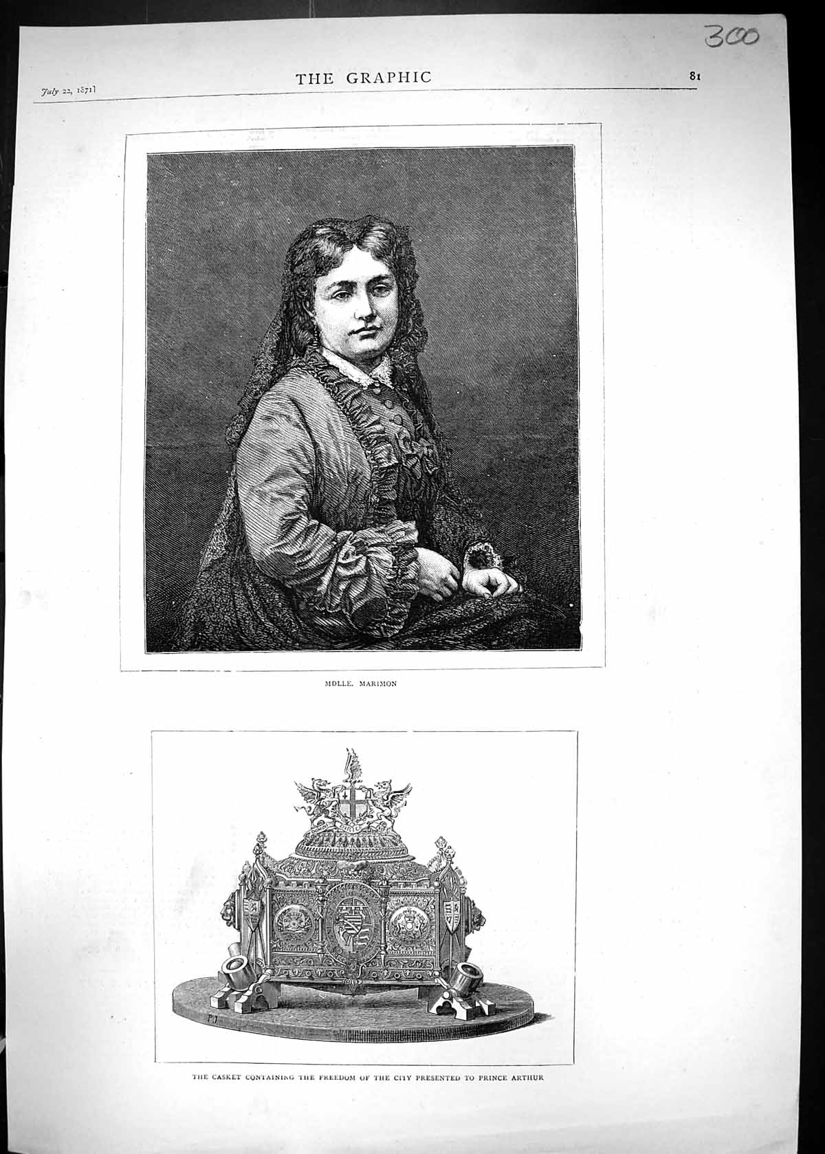 Old Antique Print 1871 Portrait Marimon Casket Freedom City Prince Arthur 19th