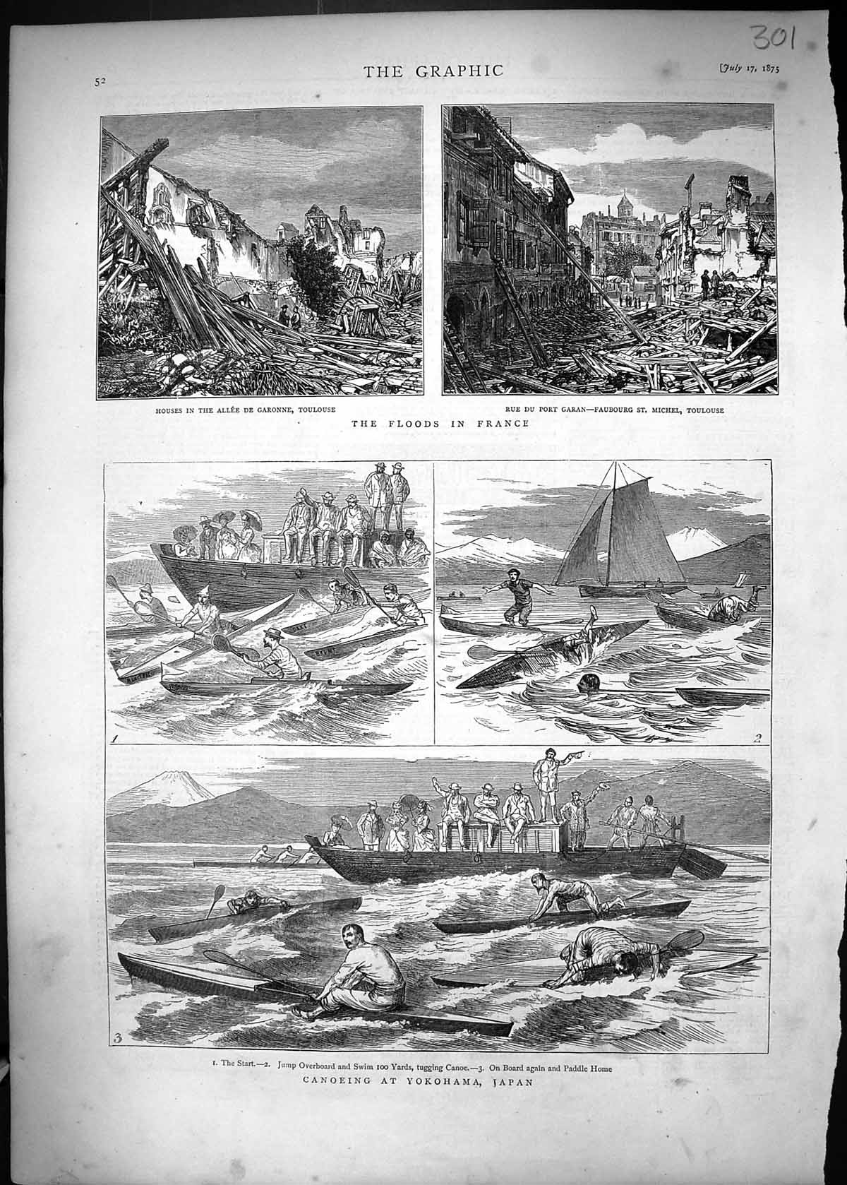 Old 1875 Floods France Toulouse Port Garan Canoeing Yokohama Japan Sp Victorian