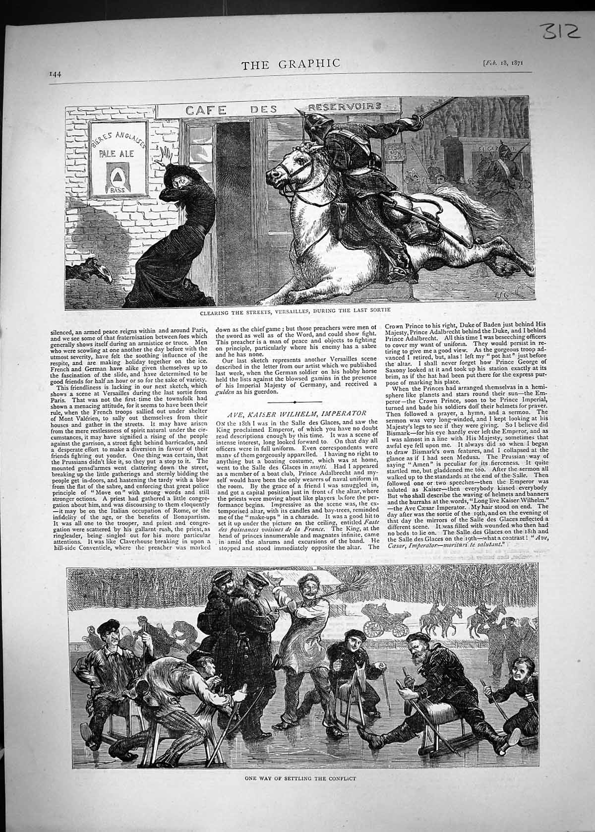 Old 1871 Ice Skating Conflict Scene Clearing Street Versailles France Victorian