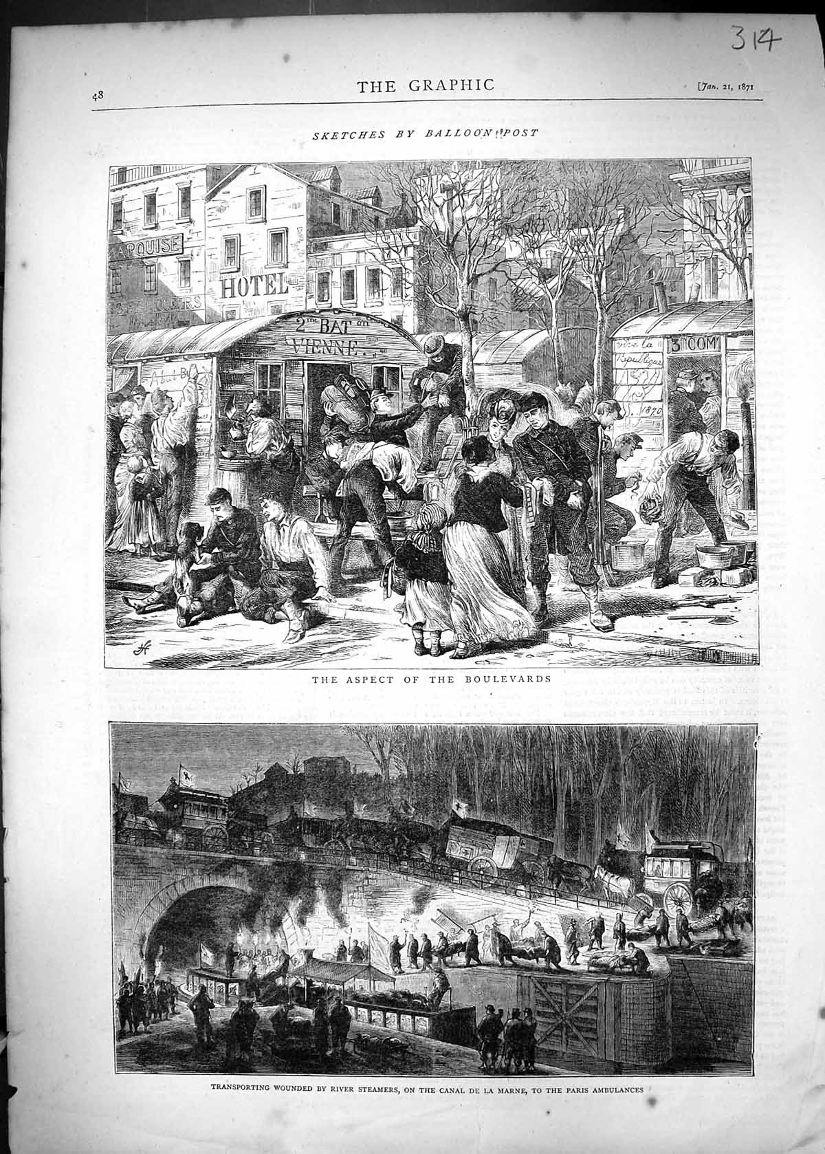 Old 1871 Boulevards France Transport War Wounded Steamers Marne Ambul Victorian