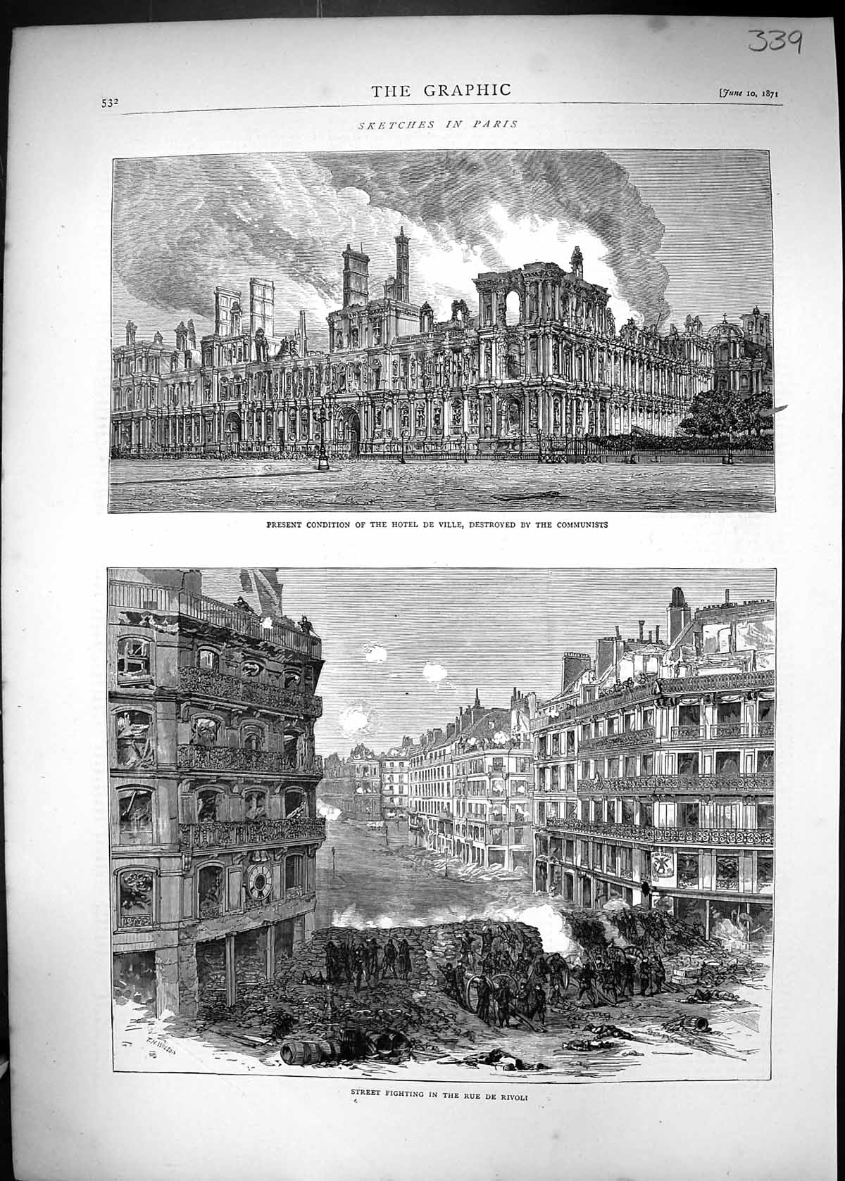 Old 1871 Hotel De Ville Destroyed Communists Street Fighting Rue Rivo Victorian