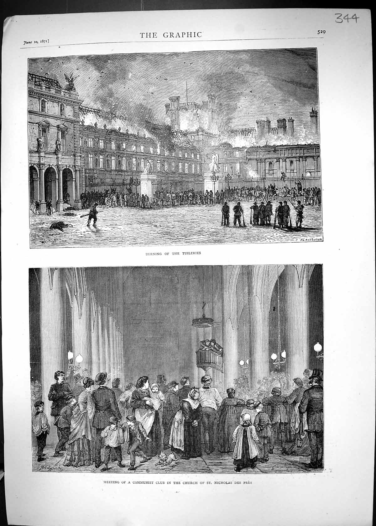 Old 1871 Fire Tuileries France Meeting Communist Club Church St. Nich Victorian