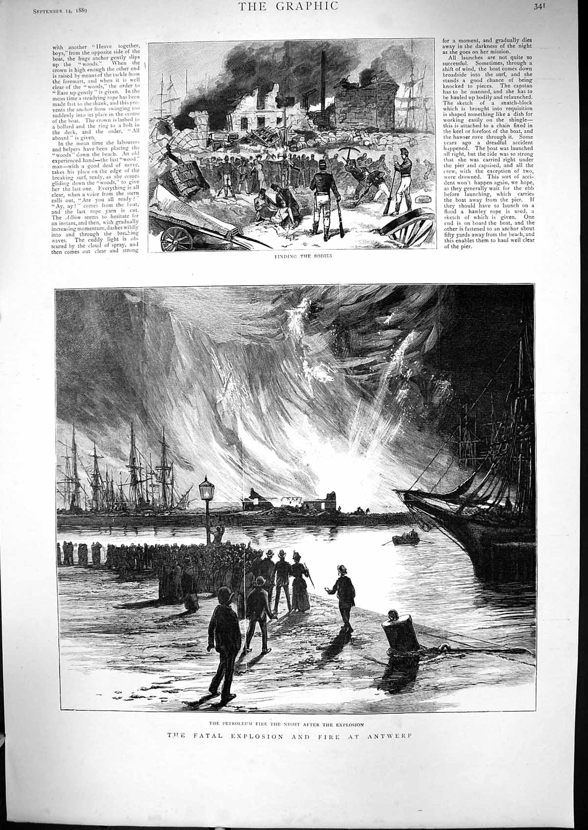 Old 1889 Fatal Explosion Petroleum Fire Antwerp Burning Ships Dead Bo Victorian