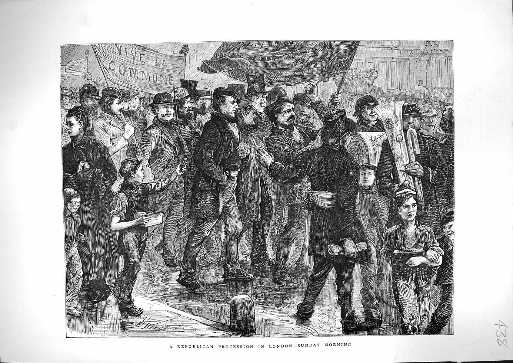 Old Antique Print 1871 Republican Procession London Sunday Morning Scene 19th