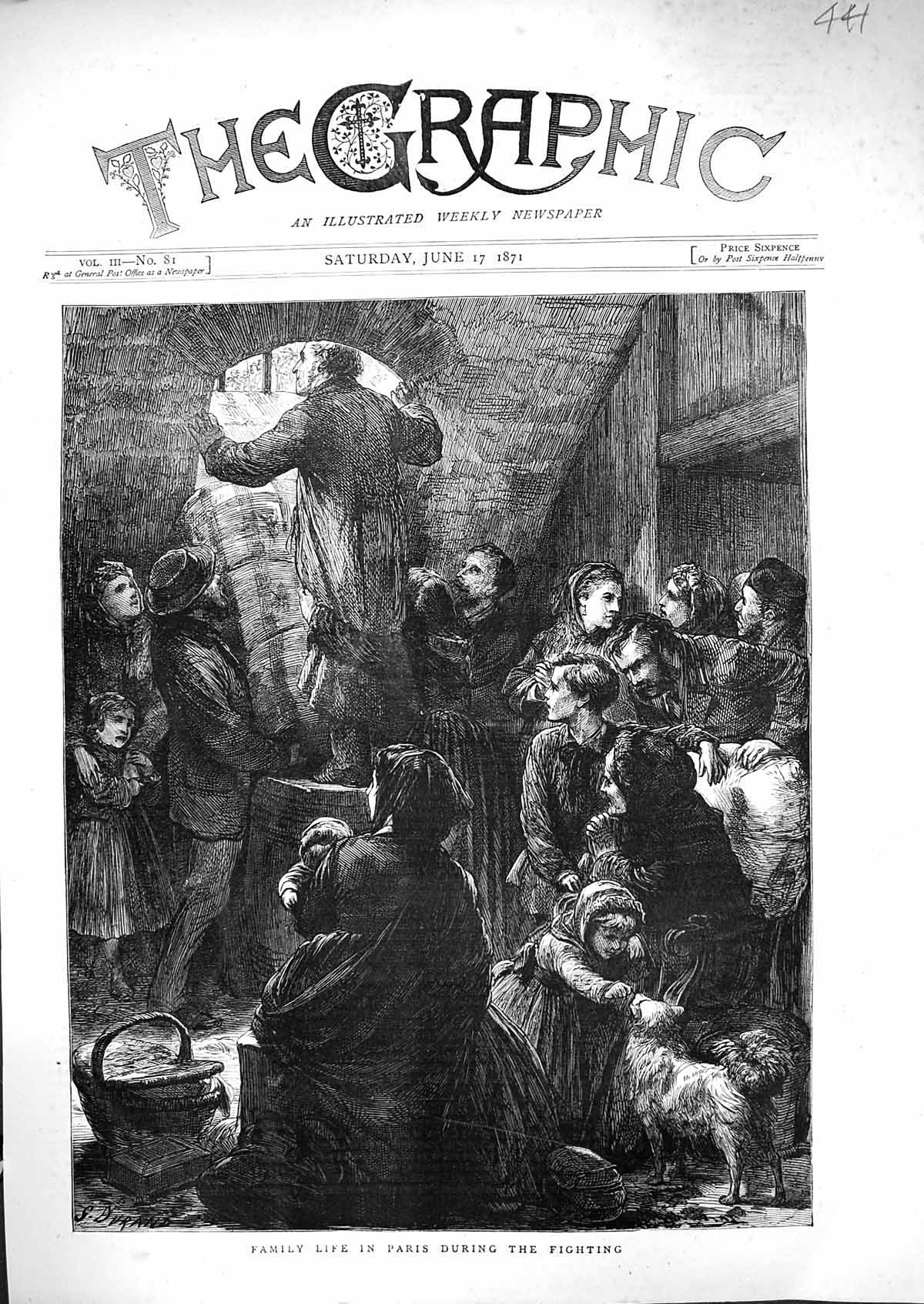 Antique Old Print 1871 Family Life Scene Paris France Fighting Children Pets