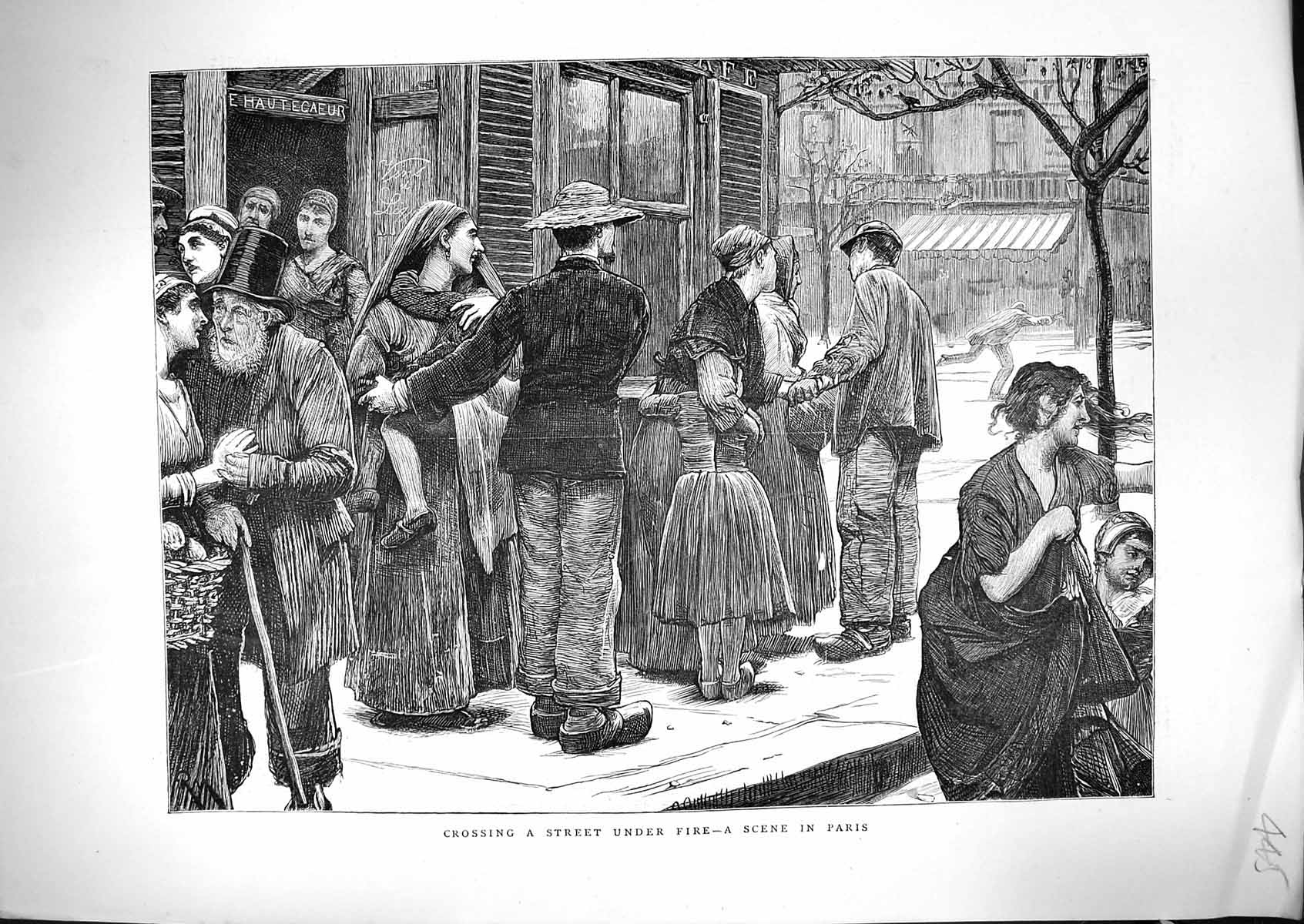 Antique Old Print 1871 Scene Crossing Street Under Fire Paris France Fighting