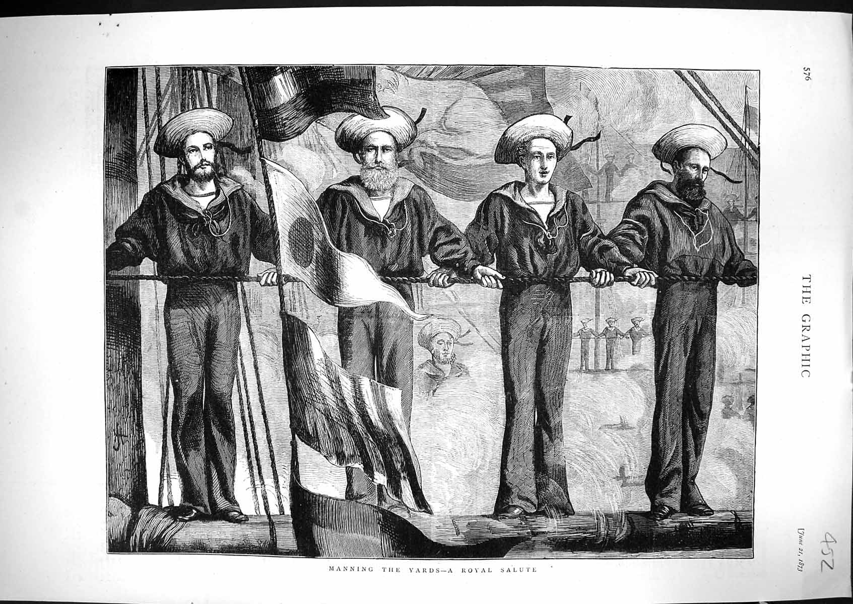 Original Old Antique Print 1873 Manning Yards Royal Salute Navy Sailors 19th