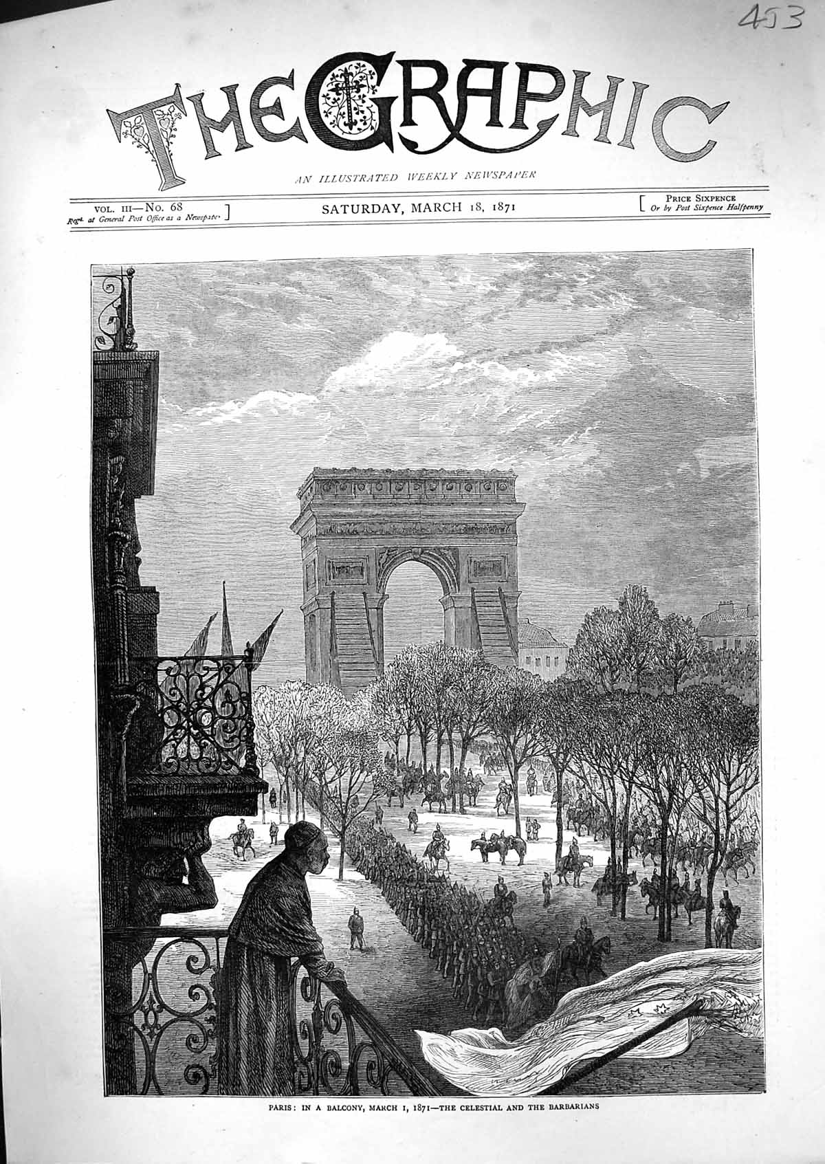 Antique Old Print 1871 Paris France Scene Balcony Celestial Barbarians Siers