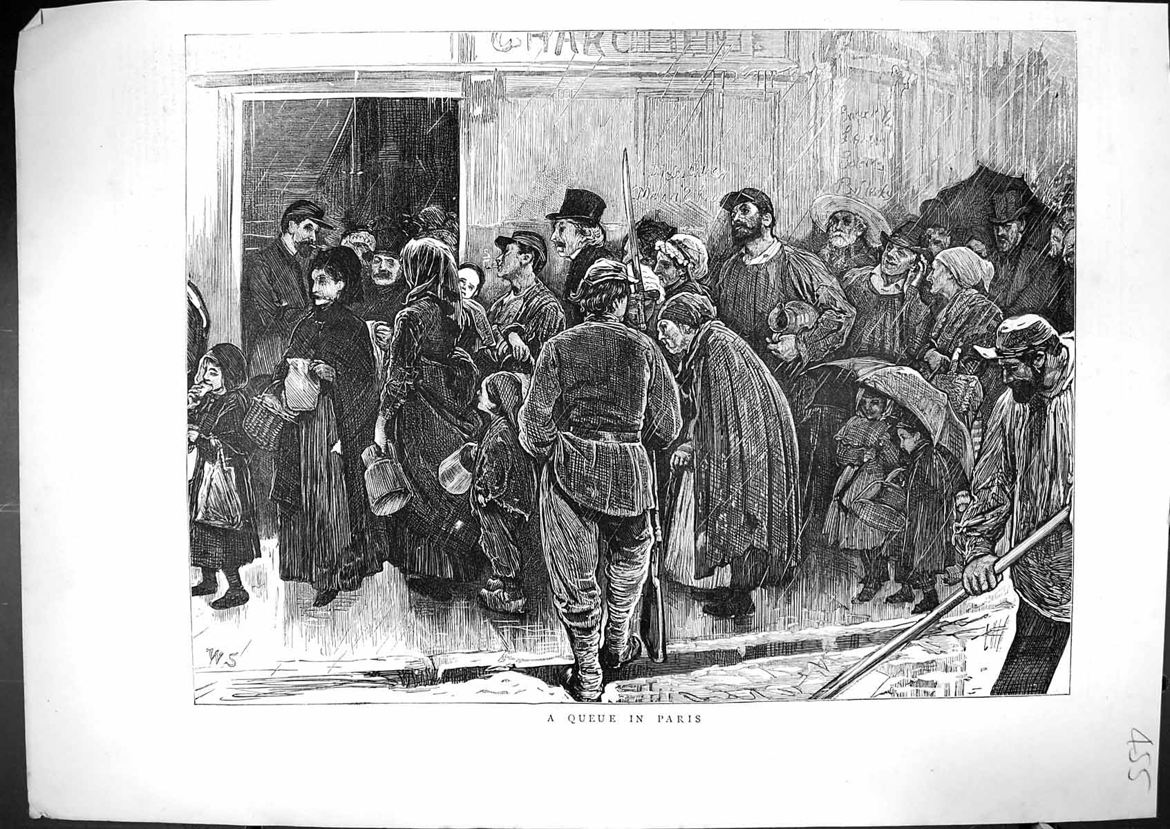 Original Old Antique Print 1871 Street Scene Queue Paris France Rainy Weather