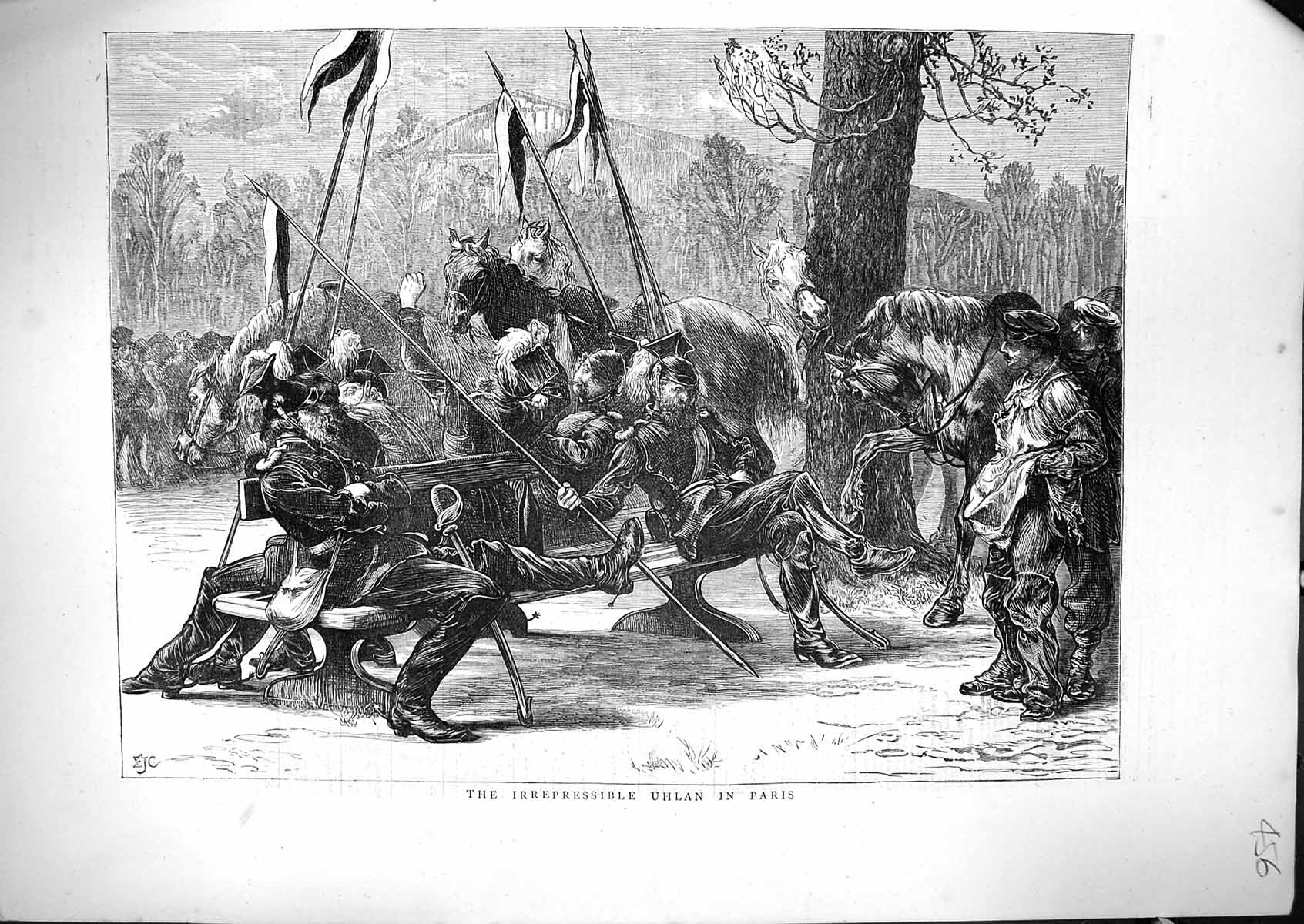Old Print 1871 Street Scene Irrepressible Uhlan Paris France Siers Horse 19th