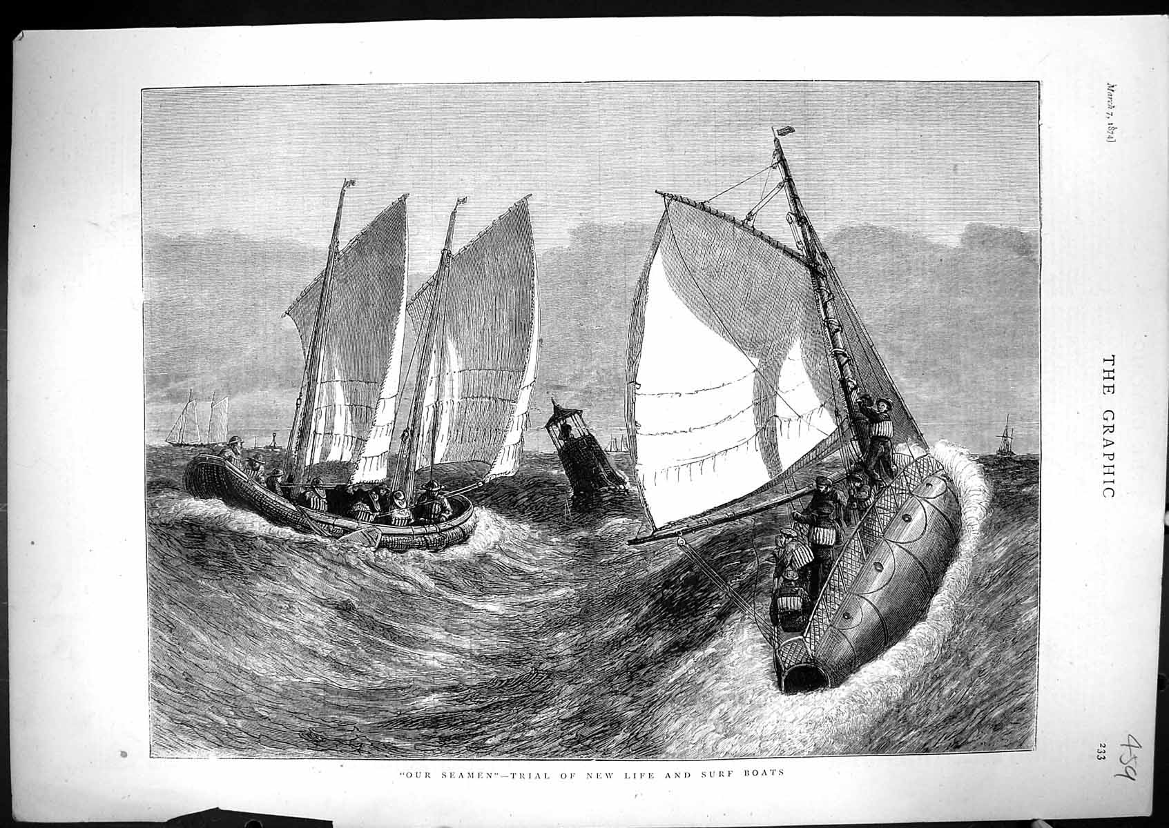 Old Antique Print 1874 Trial Life Surf Boats British Seamen Ships Rescue 19th