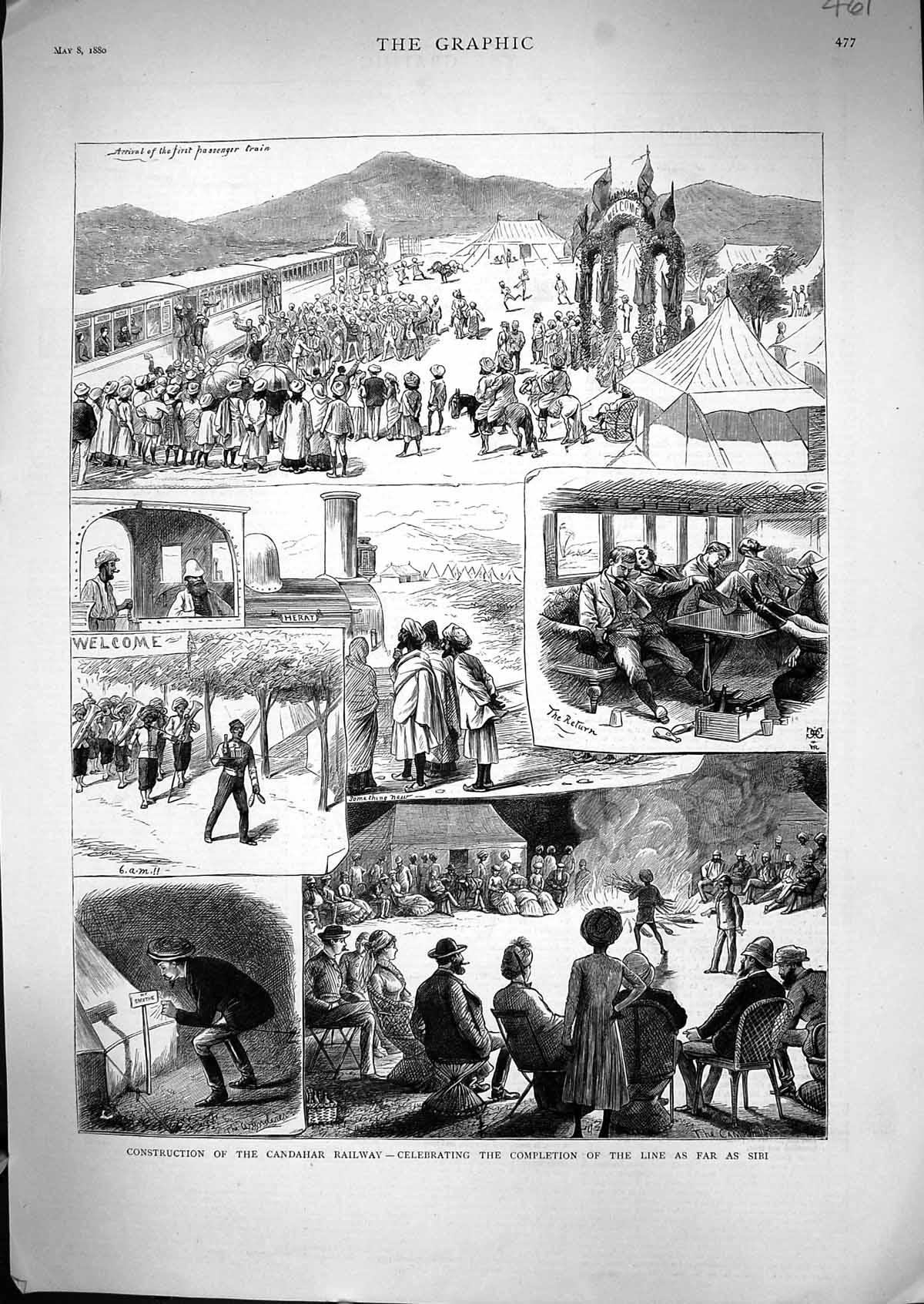 Original Old Antique Print 1880 Construction Candahar Railway Passenger Train