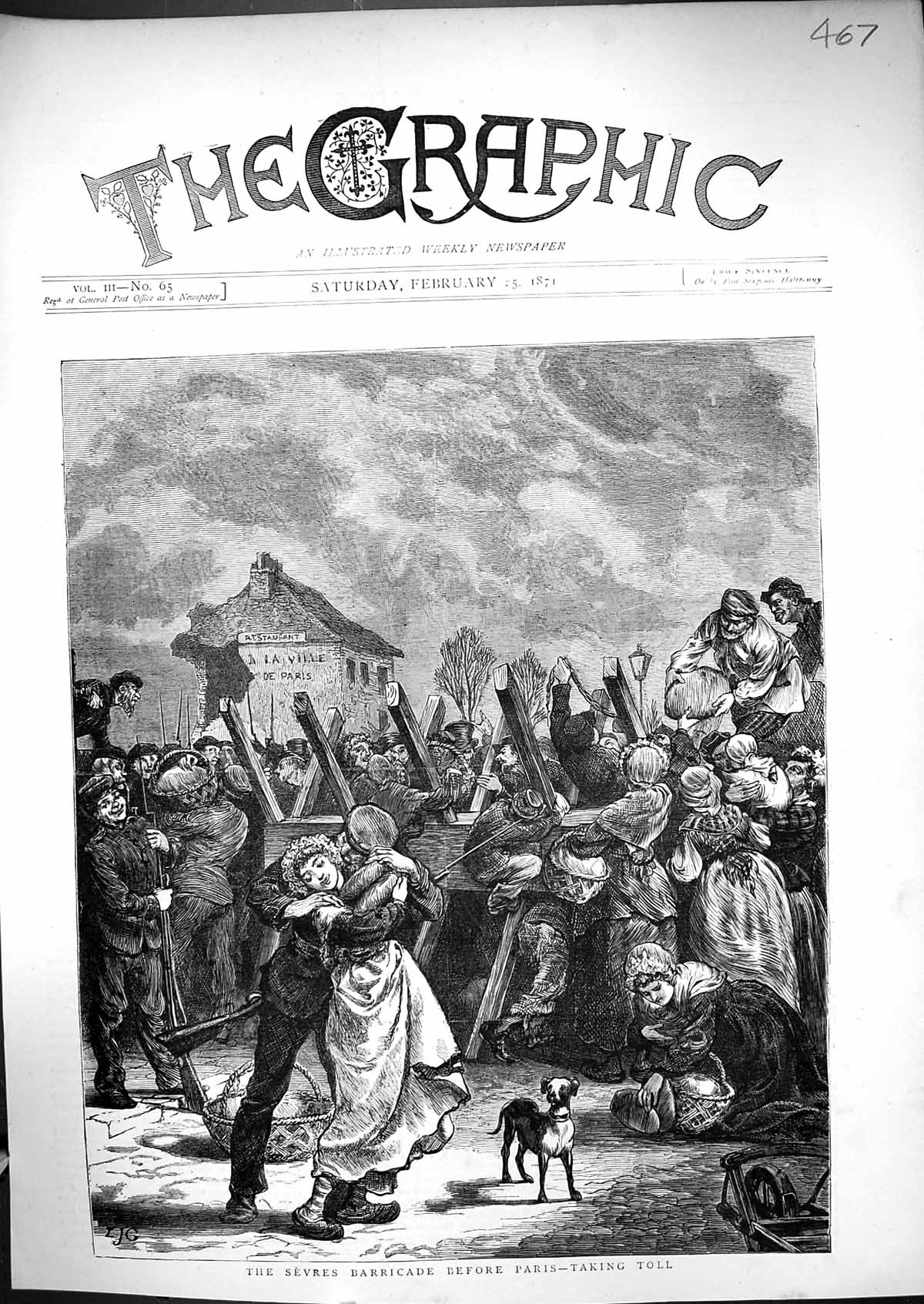 Original Old Antique Print 1871 Scene Sevres Barricade Paris France Women Food