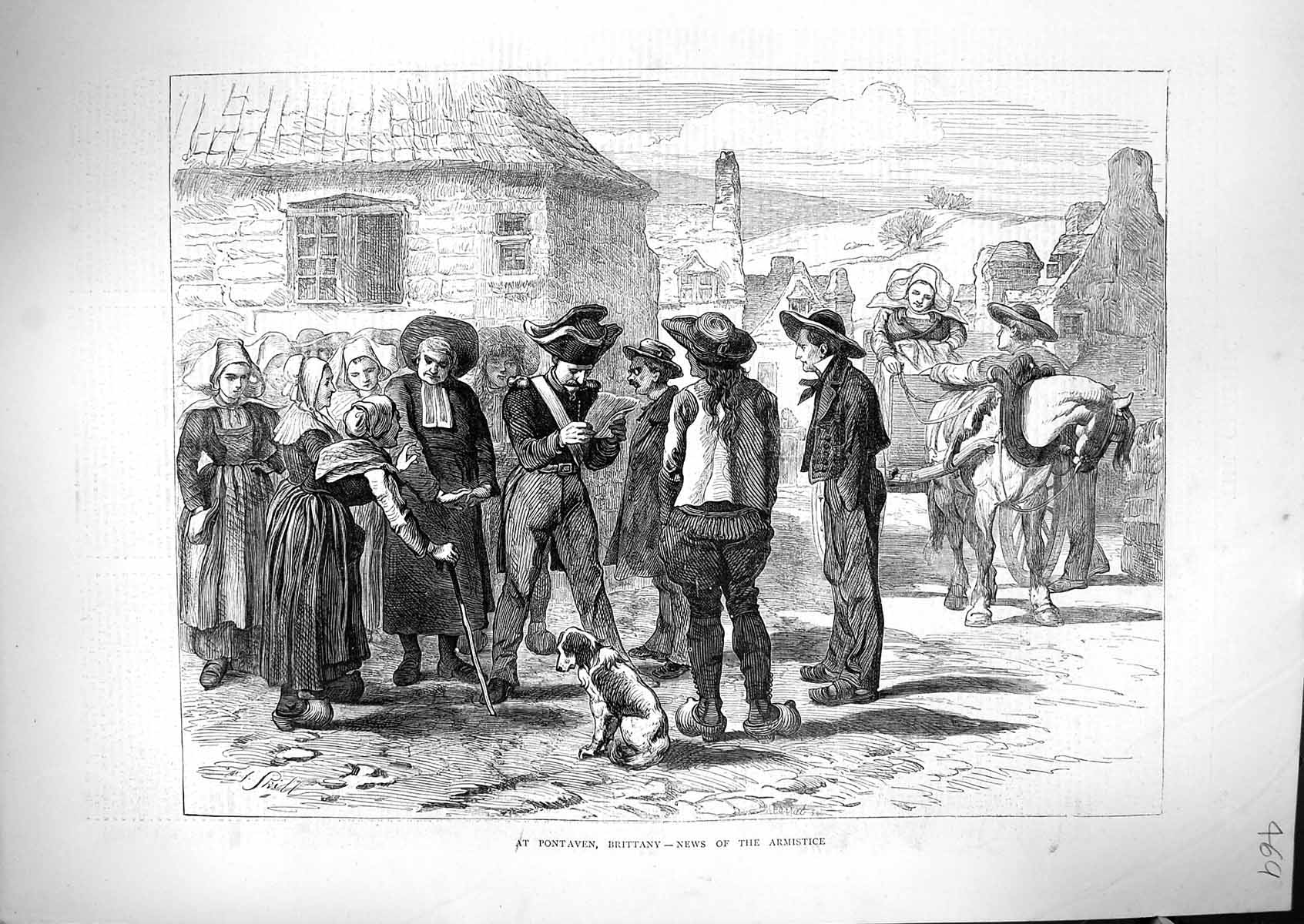 Original Old Antique Print 1871 Pontaven Brittany France Reading News Armistice