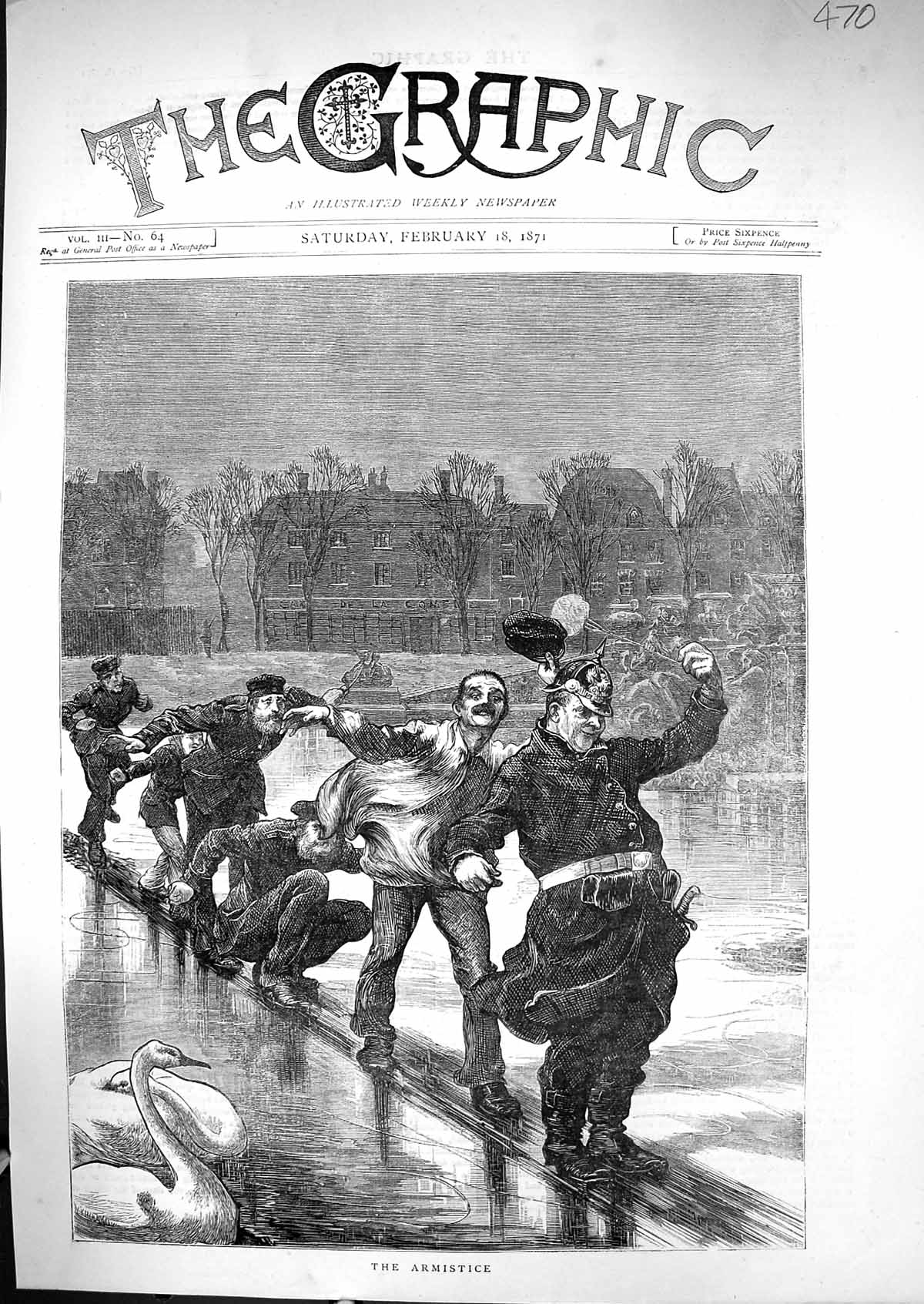 Original Old Antique Print 1871 Armistice War Siers Ice Skating Frozen River