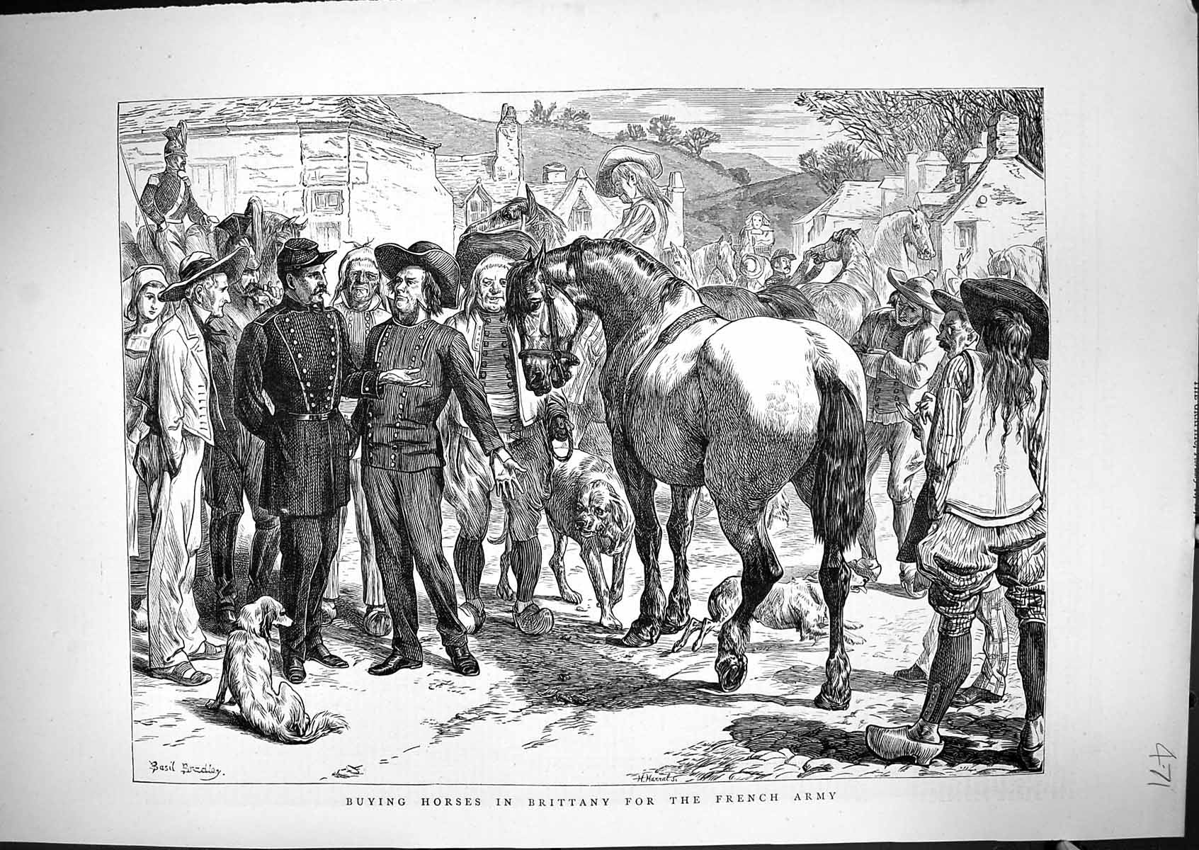 Original Old Antique Print 1871 Scene Buying Horses Brittany France French Army