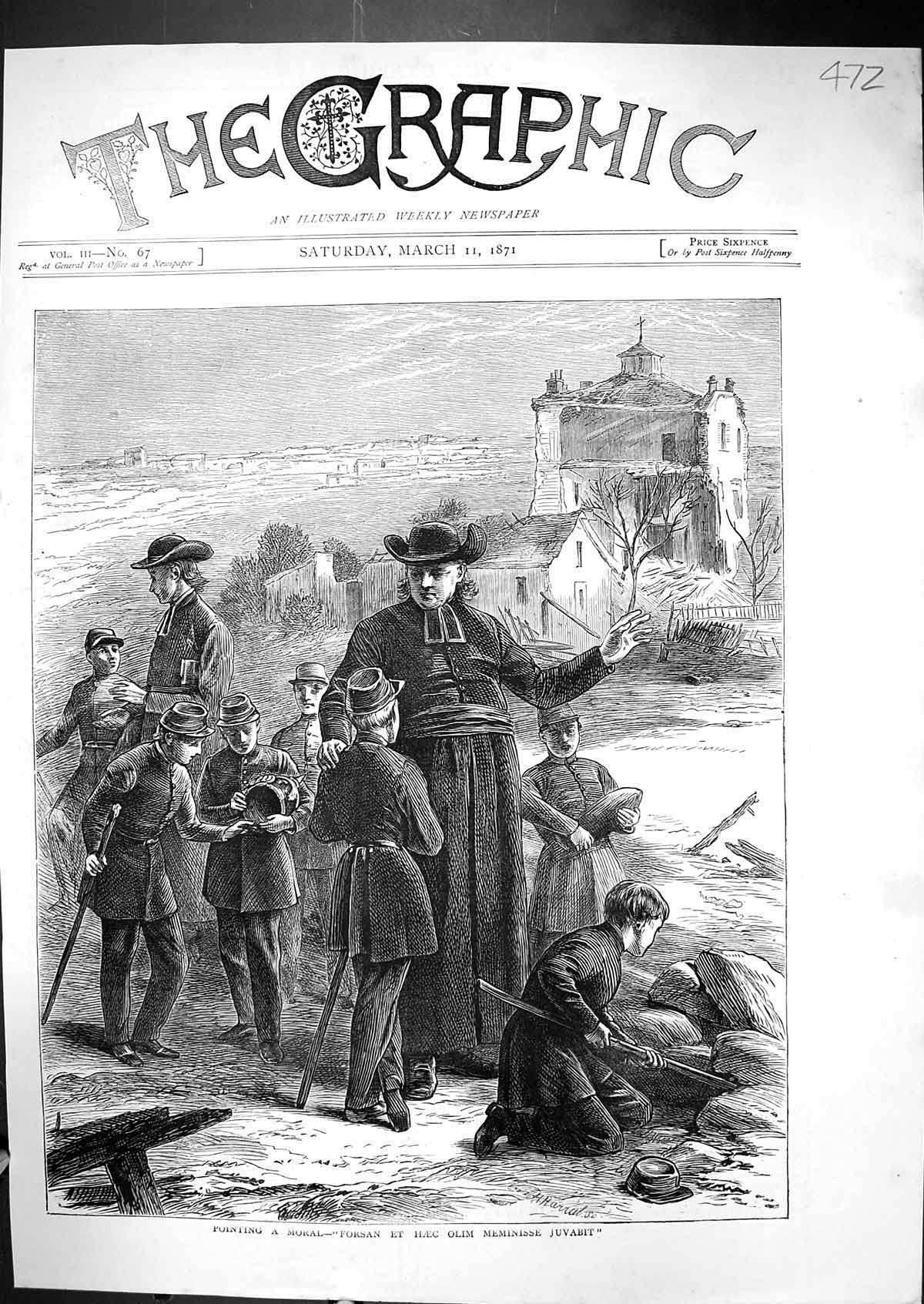 Old Print 1871 Forsan Et Haec Olim Meminisse Juvabit Priest Man Young Si 19th