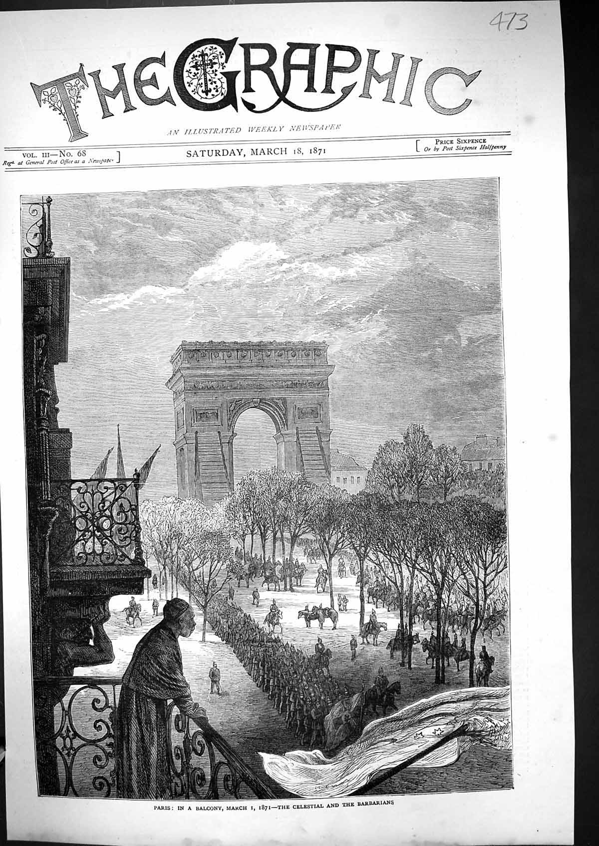 Old Print 1871 Street Balcony Scene Paris France Celestial Barbarians Si 19th