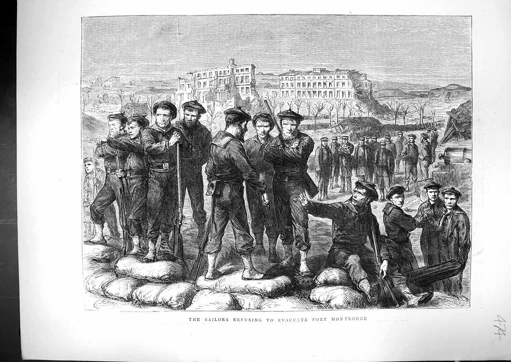 Original Old Antique Print 1871 War Sailors Refusing Evacuate Fort Montrouge