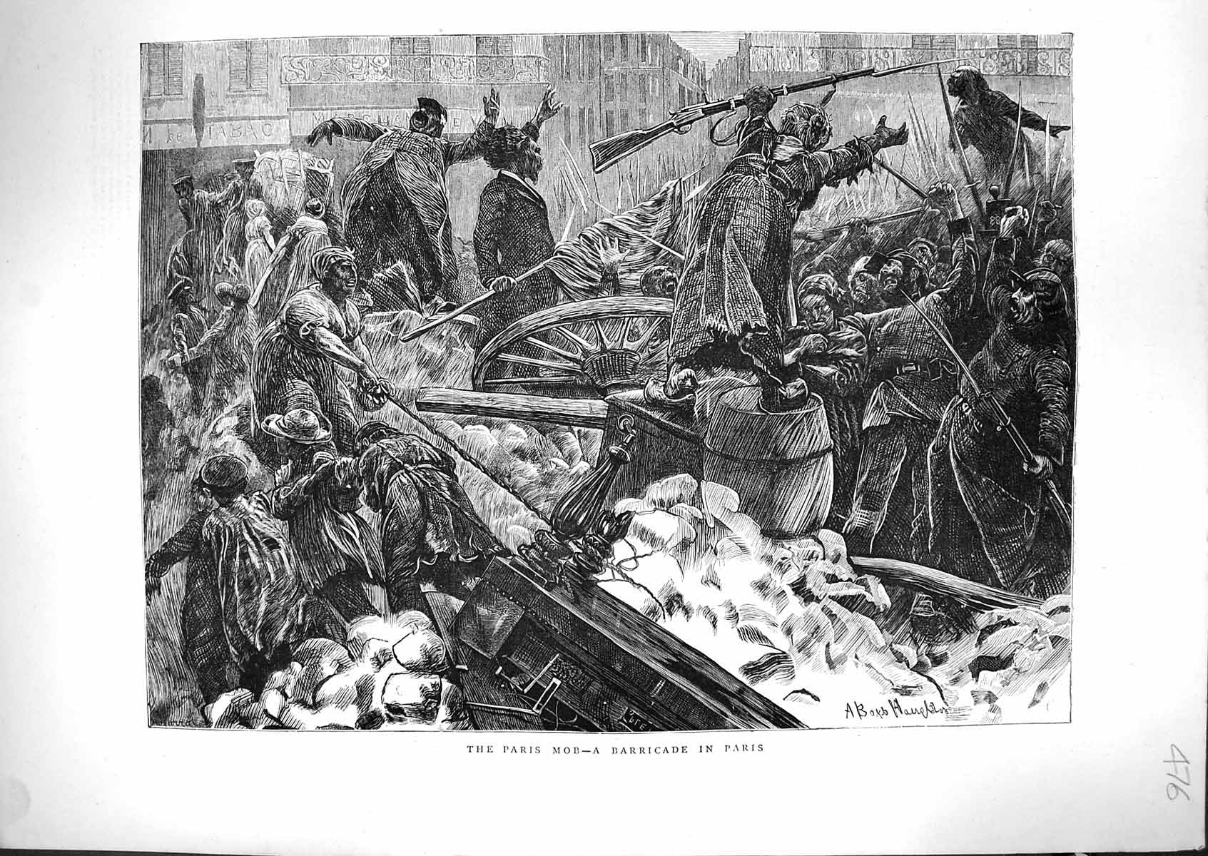 Original Old Antique Print 1871 Barricade Paris Mob France Weapons Fighting