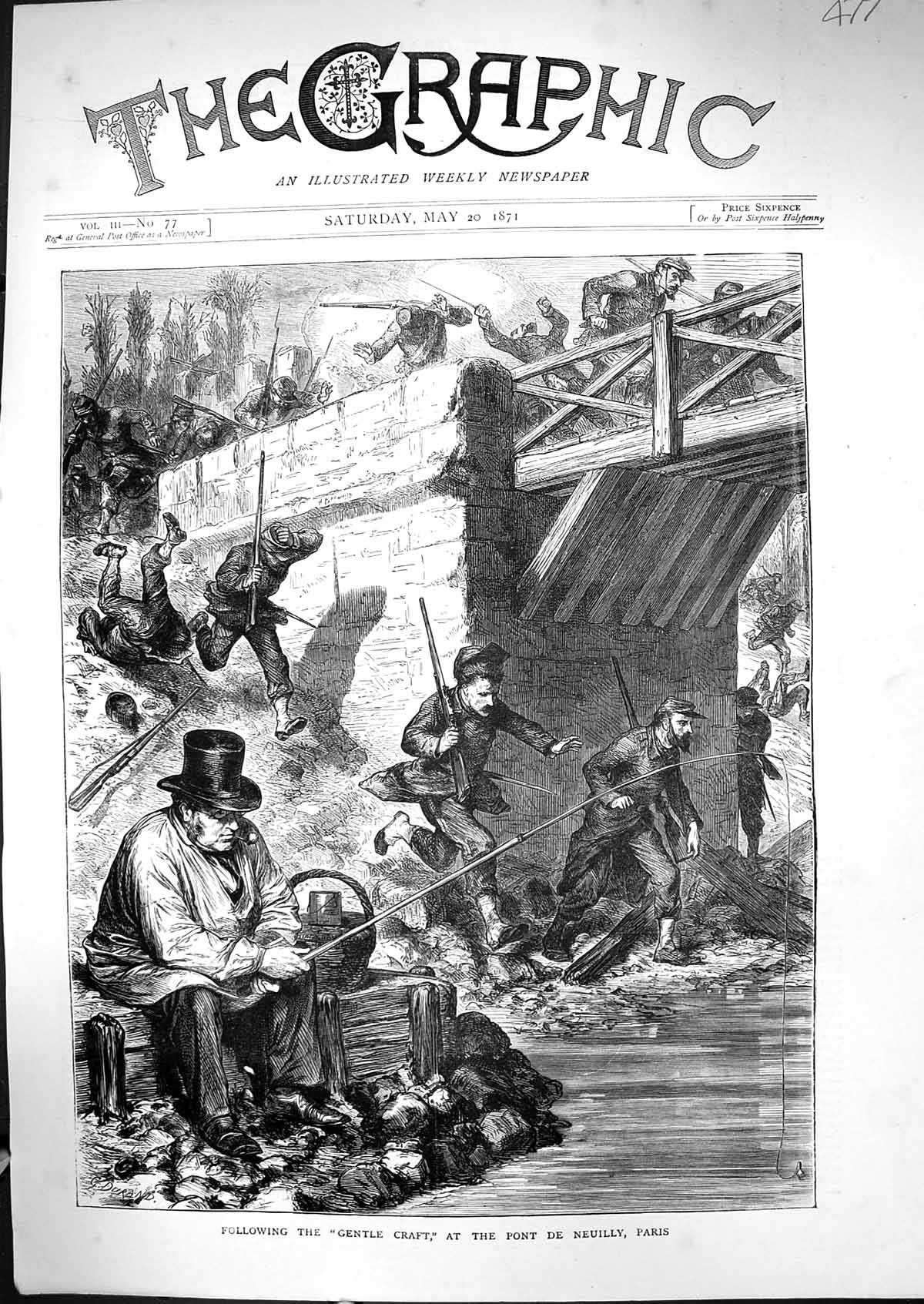 Old 1871 Scene Following Gentle Craft Pont De Neuilly Paris France Ri Victorian