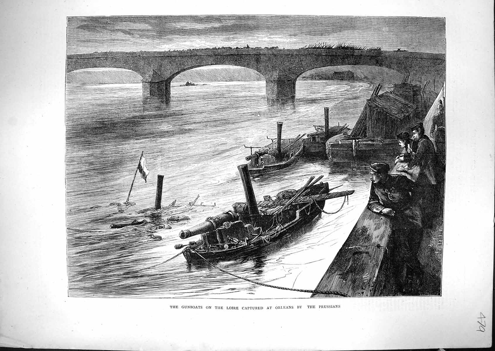 Antique Print 1871 Gunboats Loire River Captured Orleans Prussian Siers War
