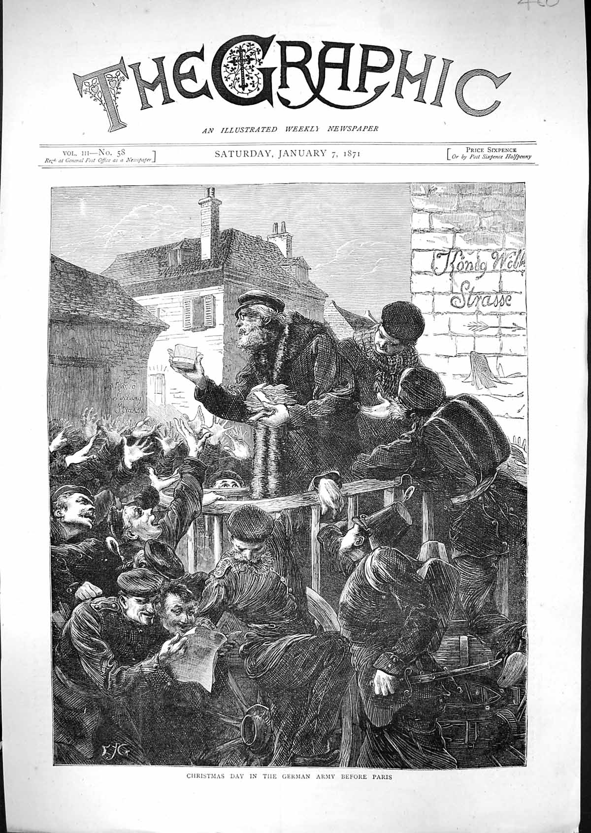 Old Antique Print 1871 Christmas Day Scene German Army Siers Paris France 19th
