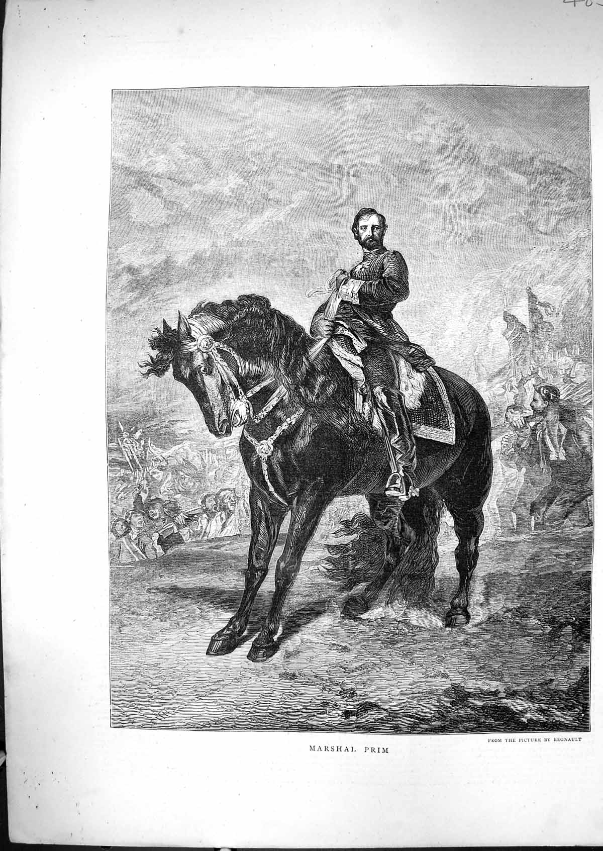 Original Old Antique Print 1871 Portrait Marshal Prim War Horse 19th