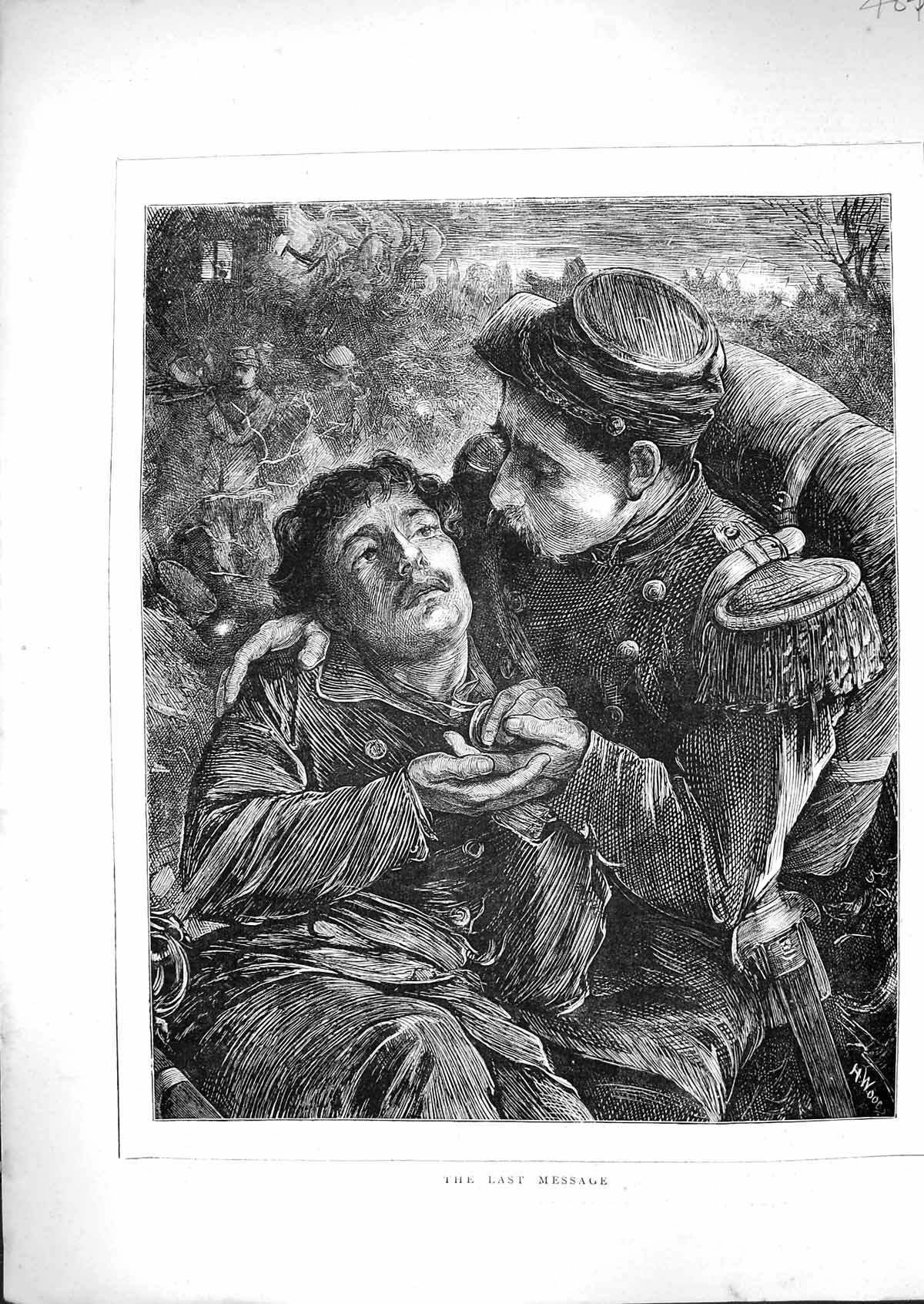 Original Old Antique Print 1871 Last Message Scene Dying War Sier Battle Field