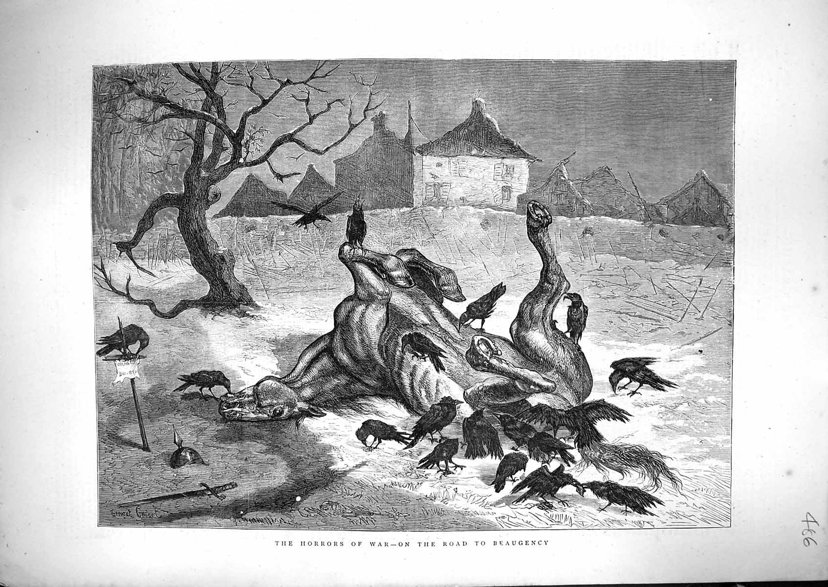 Old Antique Print 1870 Horrors War Dead Horse Eaten Birds Road Beaugency 19th