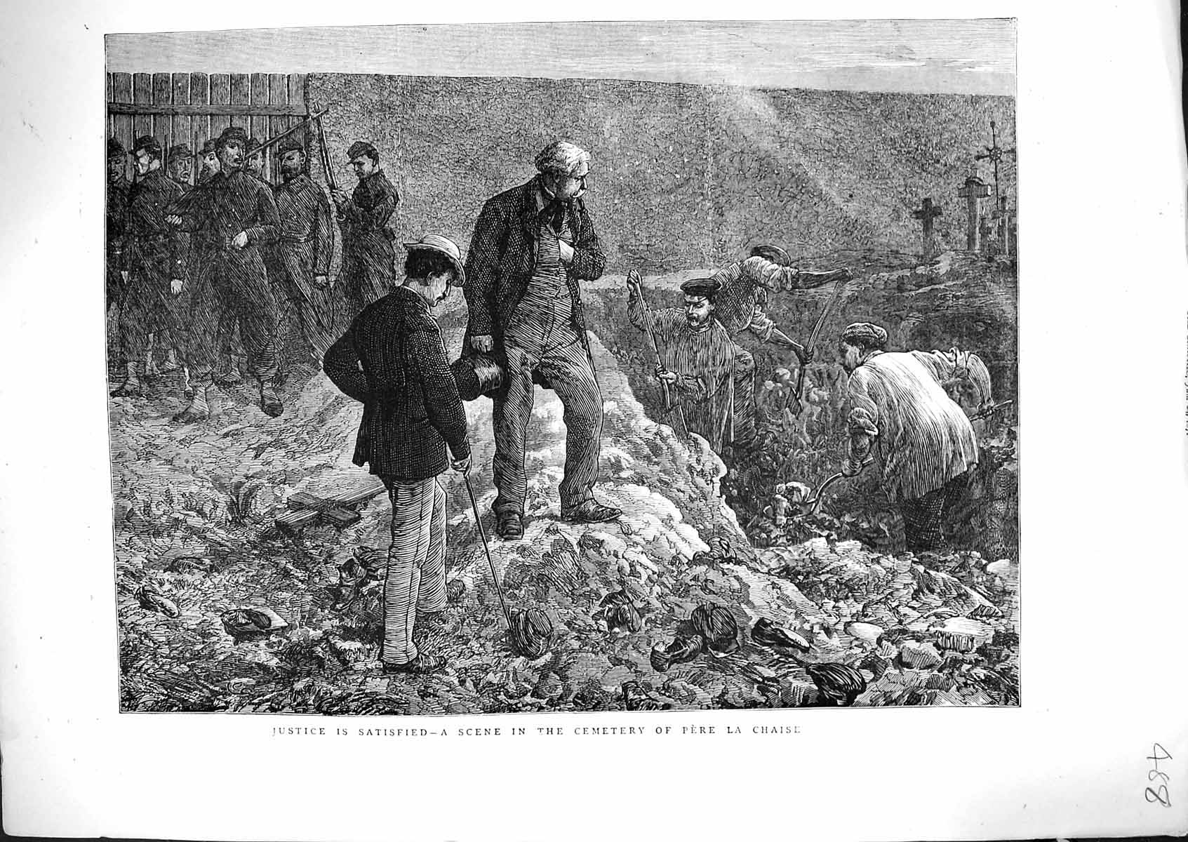 Antique Old Print 1871 Scene Cemetery Pere La Chaise War Siers Burying Dead