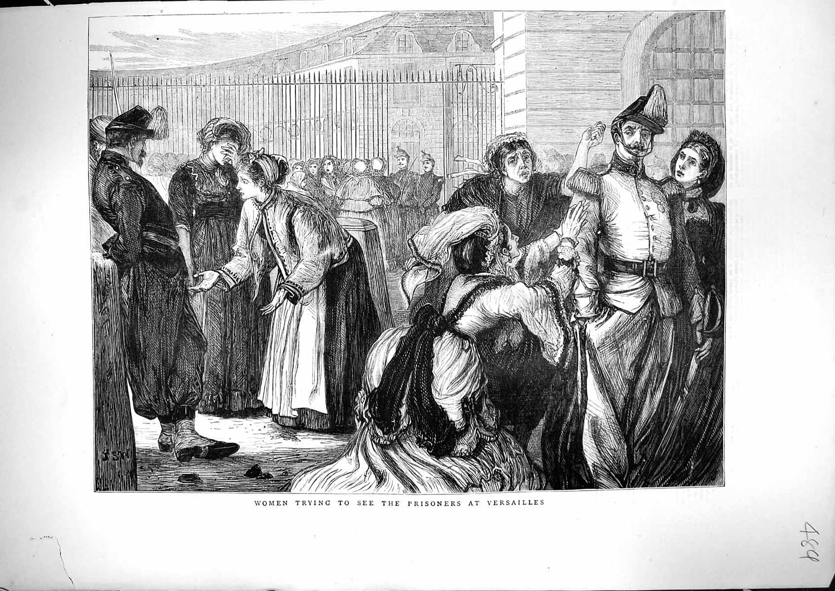 Antique Old Print 1871 Scene Women Trying Sell Prisoners Versailles France 19th