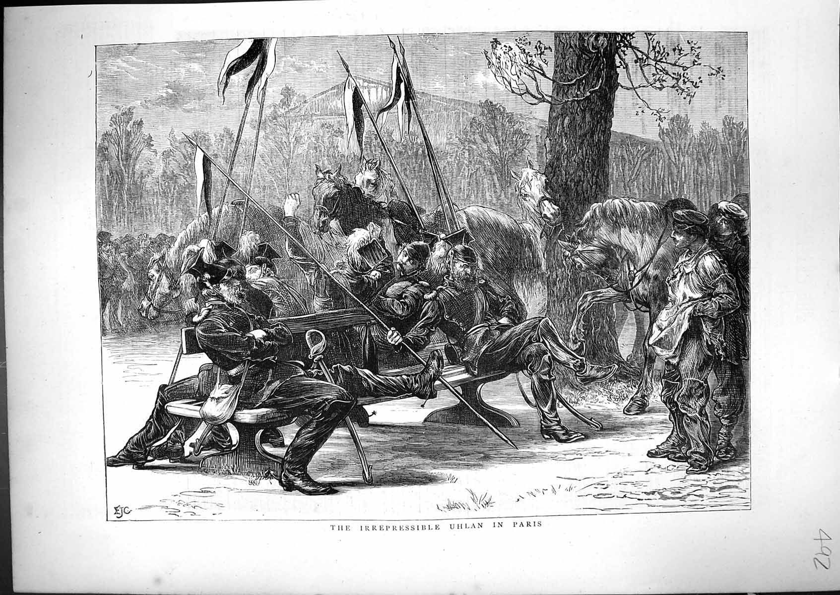 Old Print 1871 Scene Irrepressible Uhlan Paris France War Siers Horses F 19th